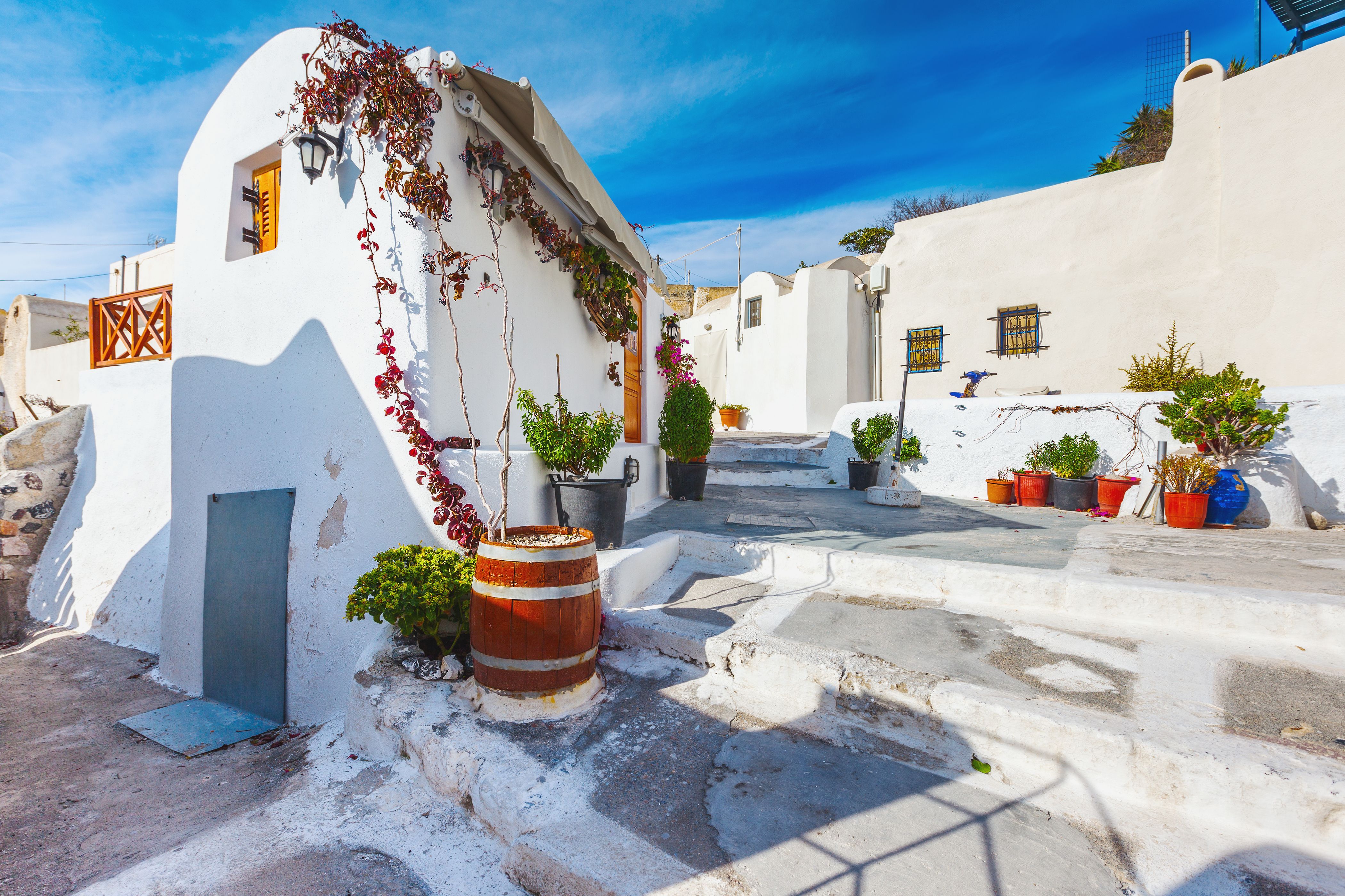 Traditional white-washed buildings in the village of Emporio, Santorini