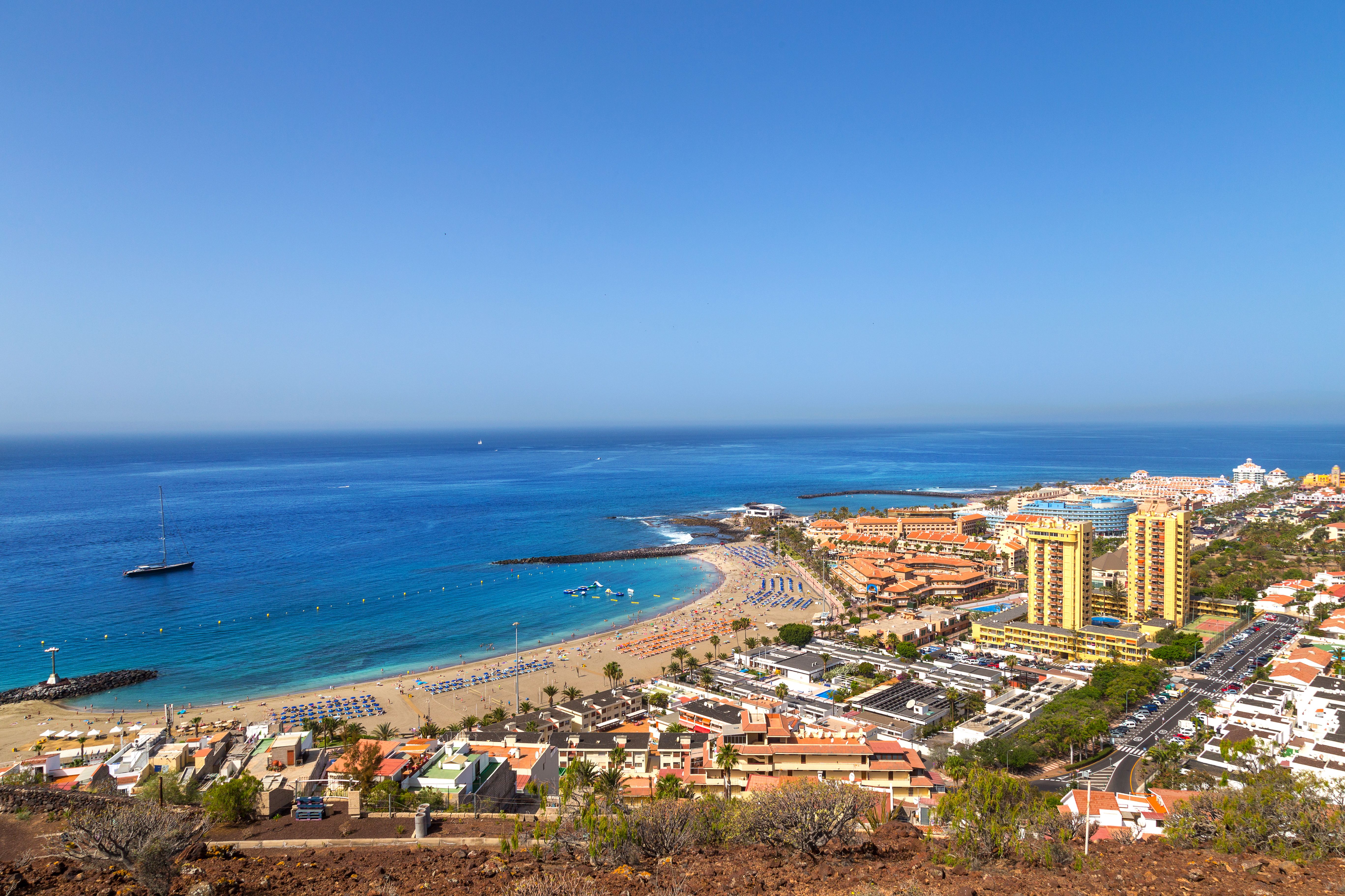 An aerial view of Los Cristianos resort and beach in Tenerife