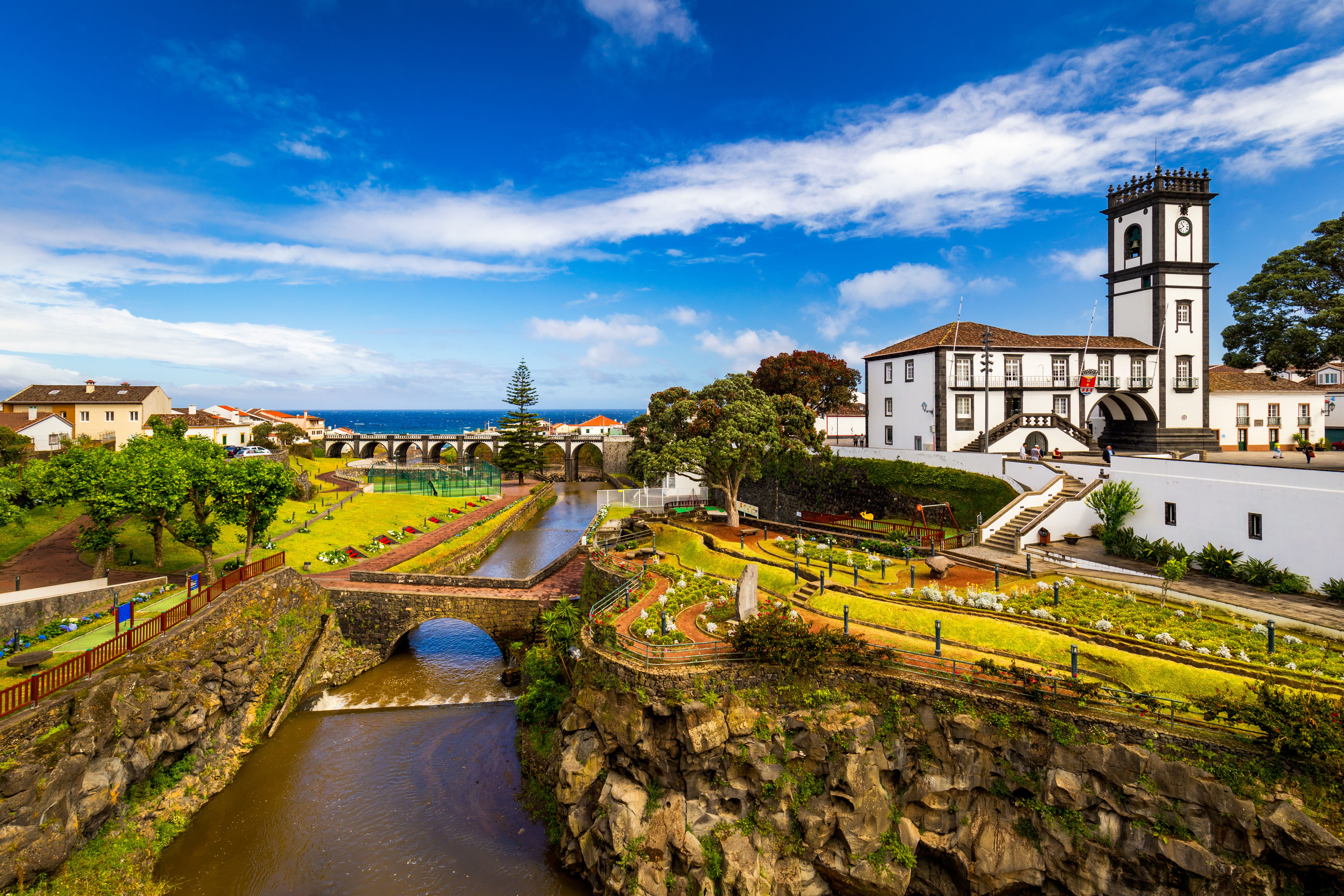 View of over the Ribeira Grande river in Sao Miguel, Azores on a sunny day