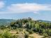 View of a small Tuscan town perched on a hill and surrounded by tall trees on a sunny day