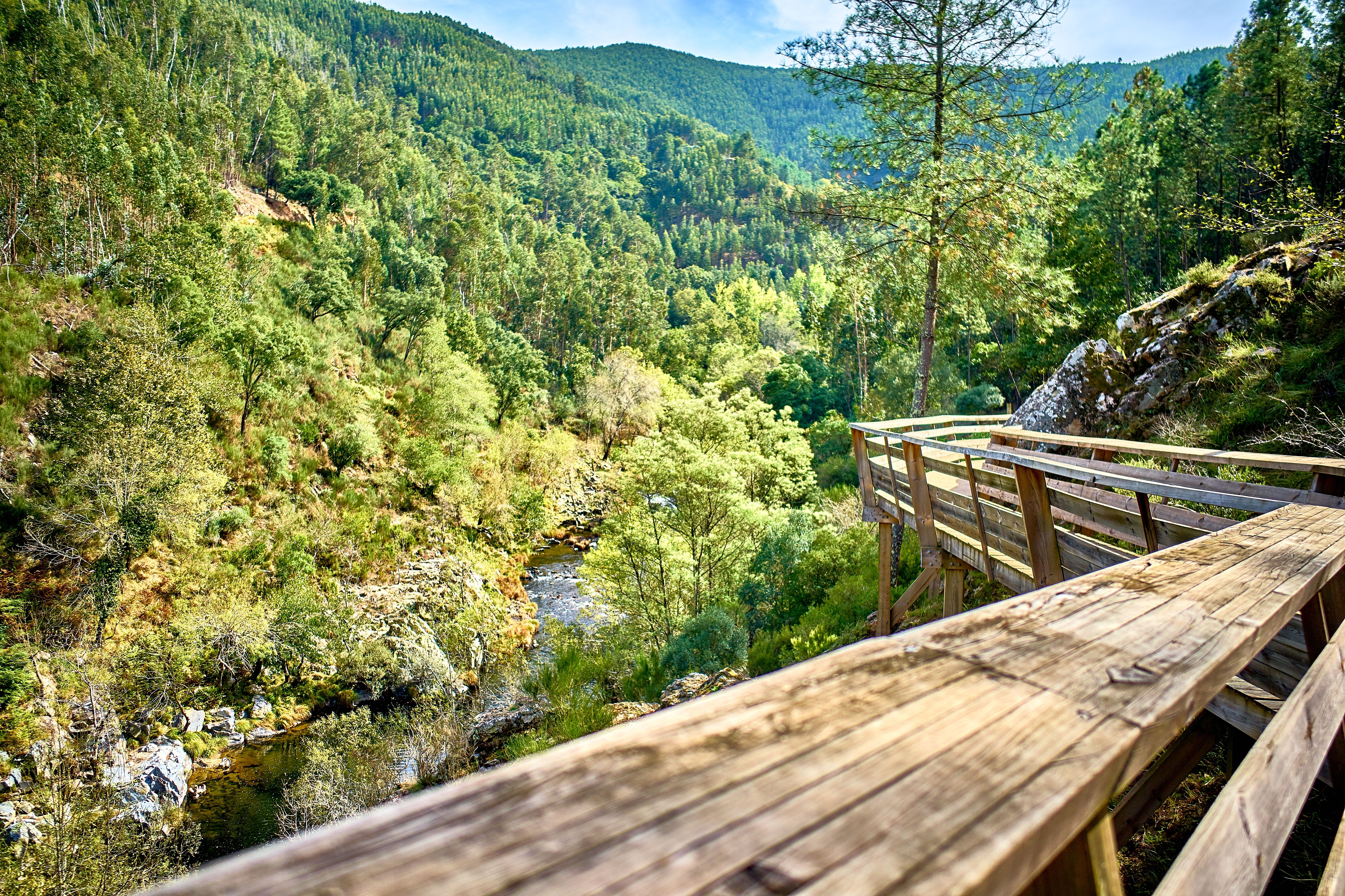 View of a wooden walkway clinging to the side of a mountain with a rushing river below.