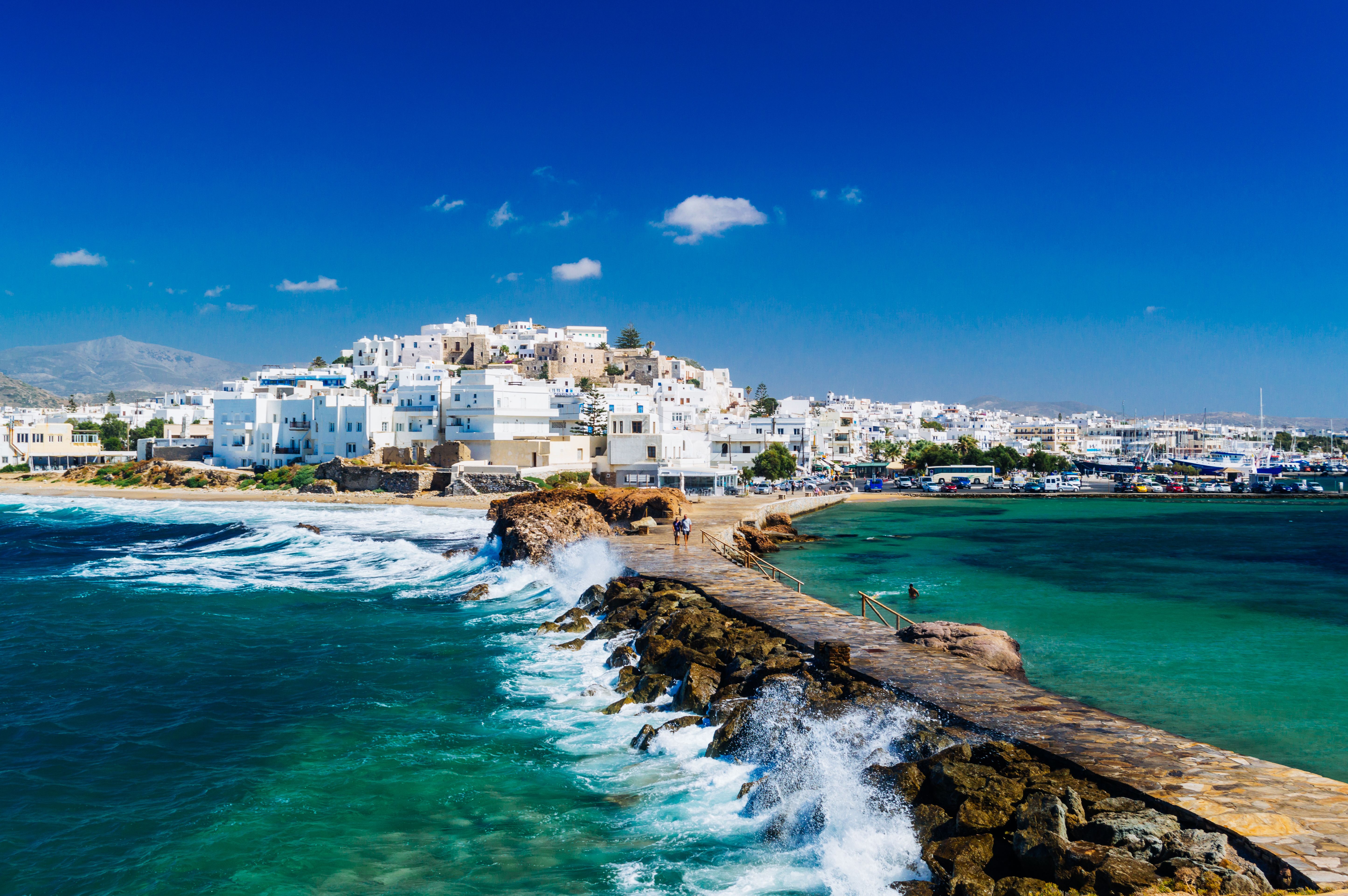 View of the stone promenade to Naxos town on the Cyclades Island of Naxos, Greece