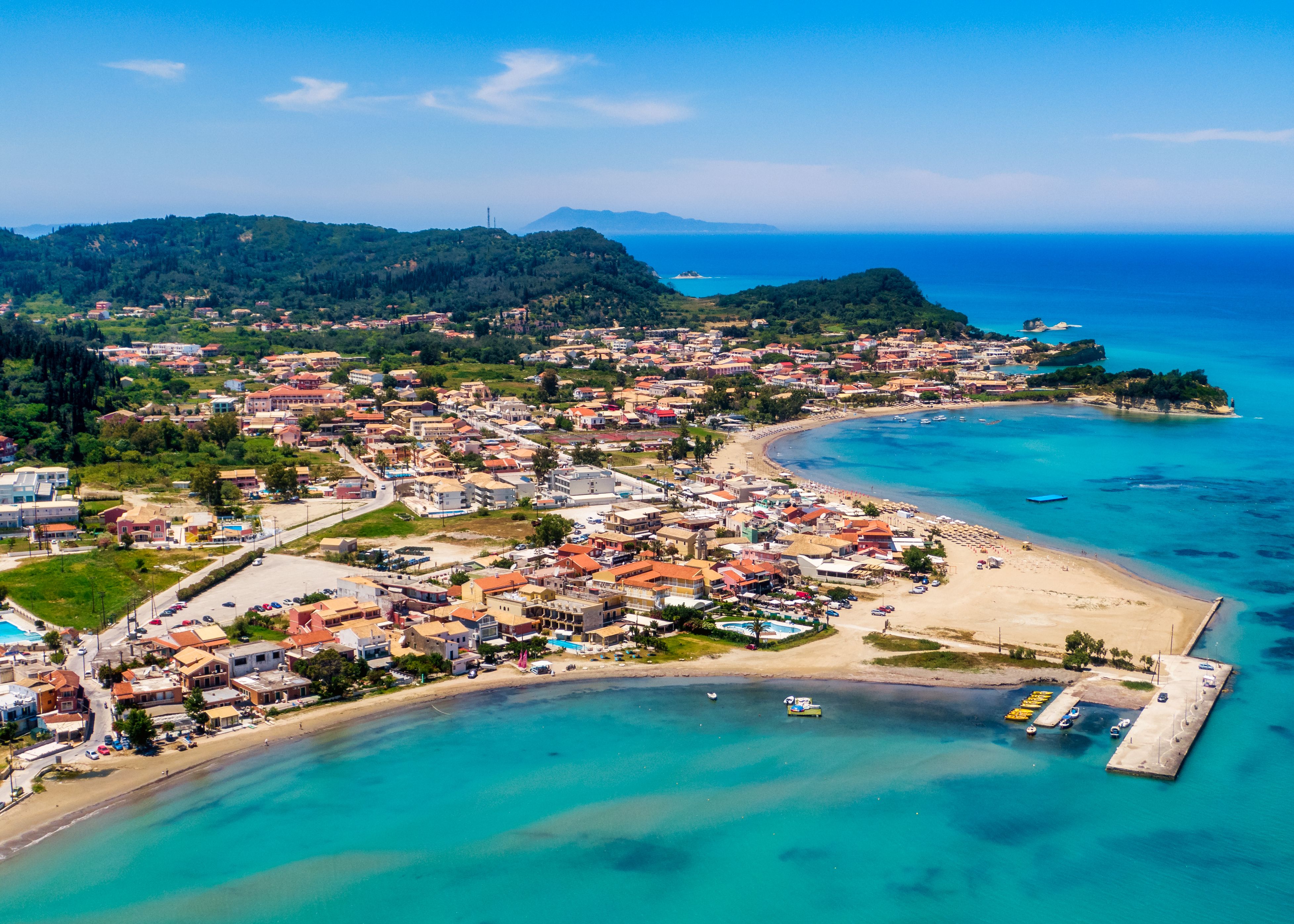 Aerial view of Sidari resort and beach in Corfu