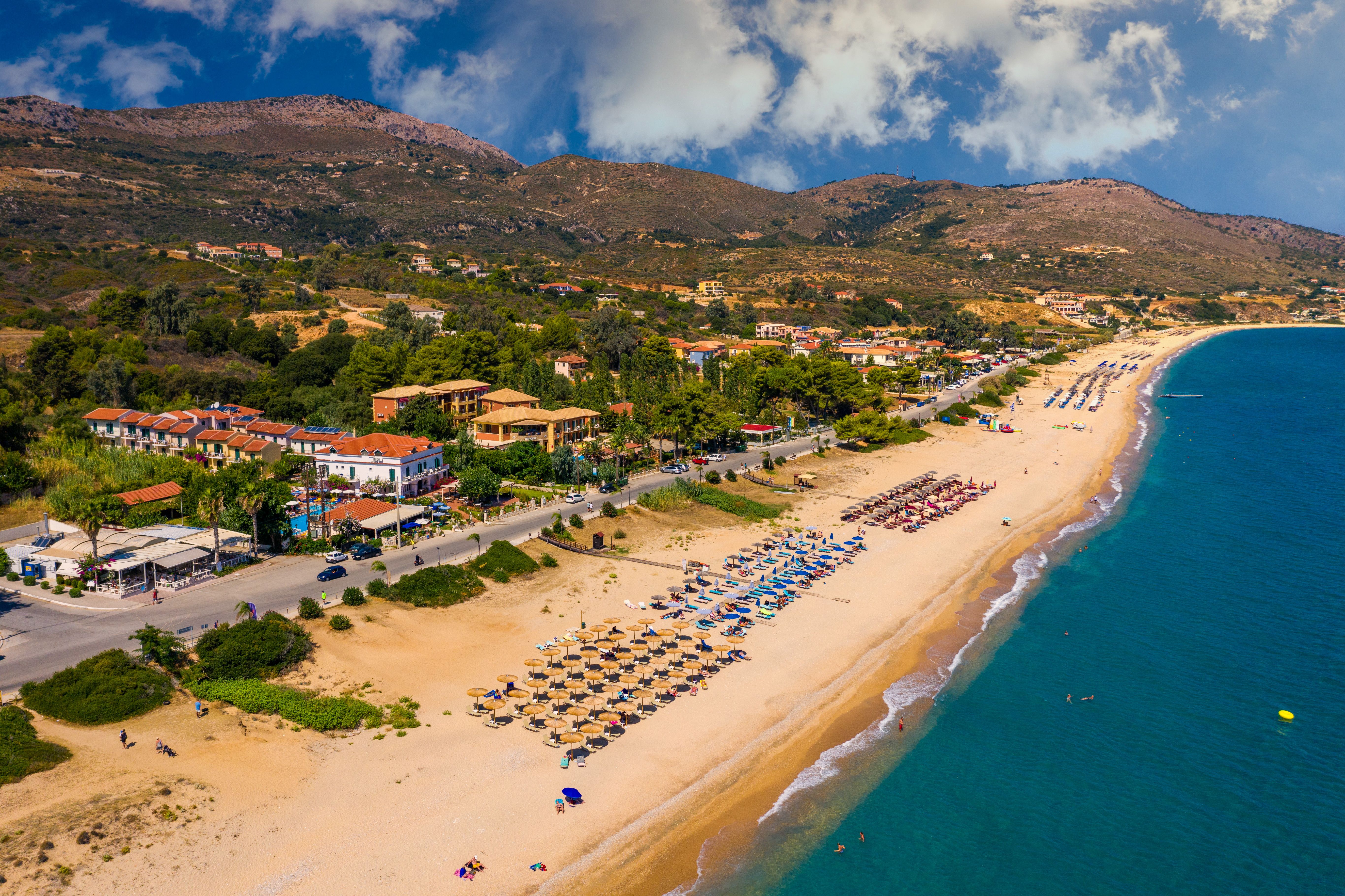 Aerial view of Skala Beach in Kefalonia, Greece