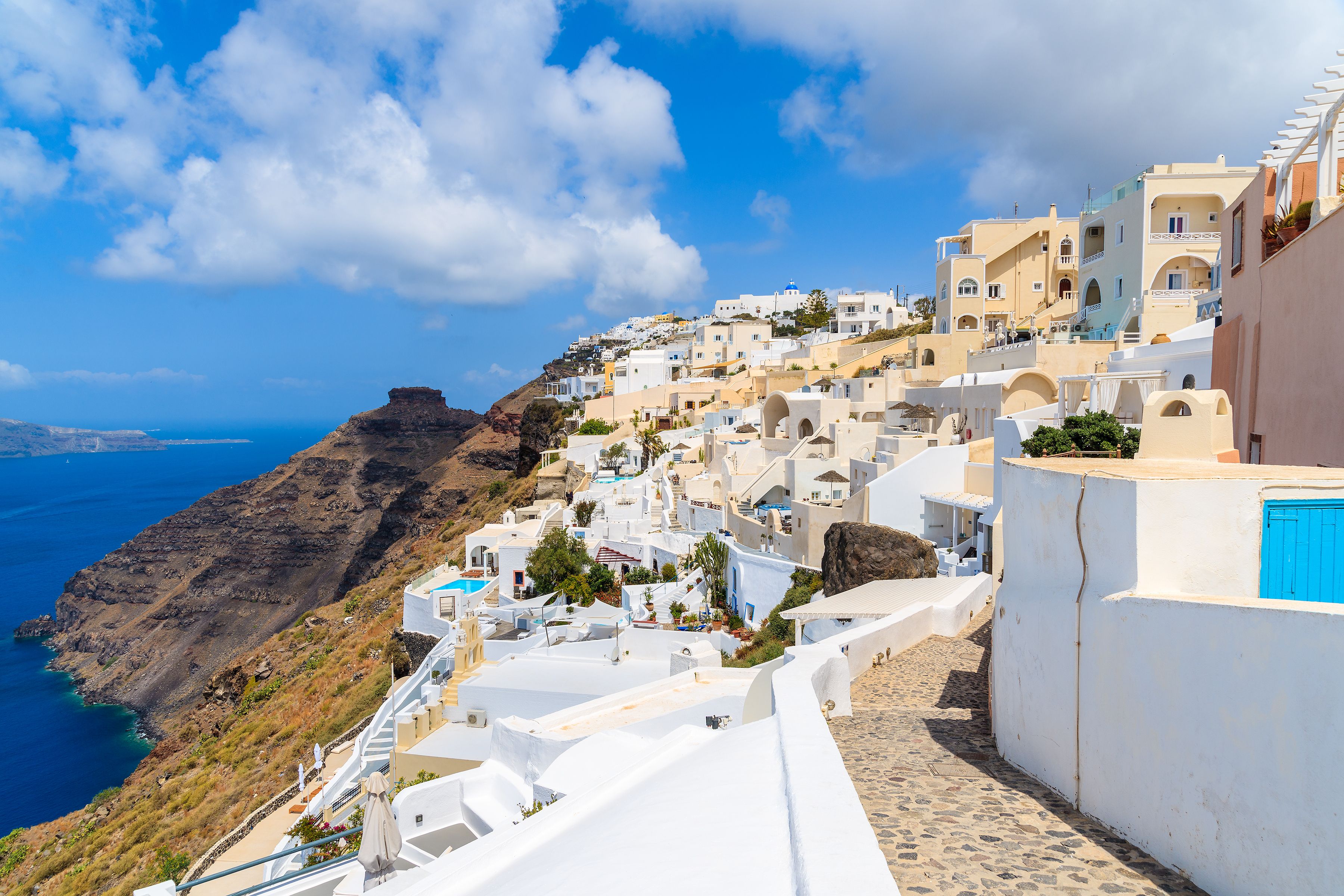 A view of traditional hillside houses in Firostefani, Santorini