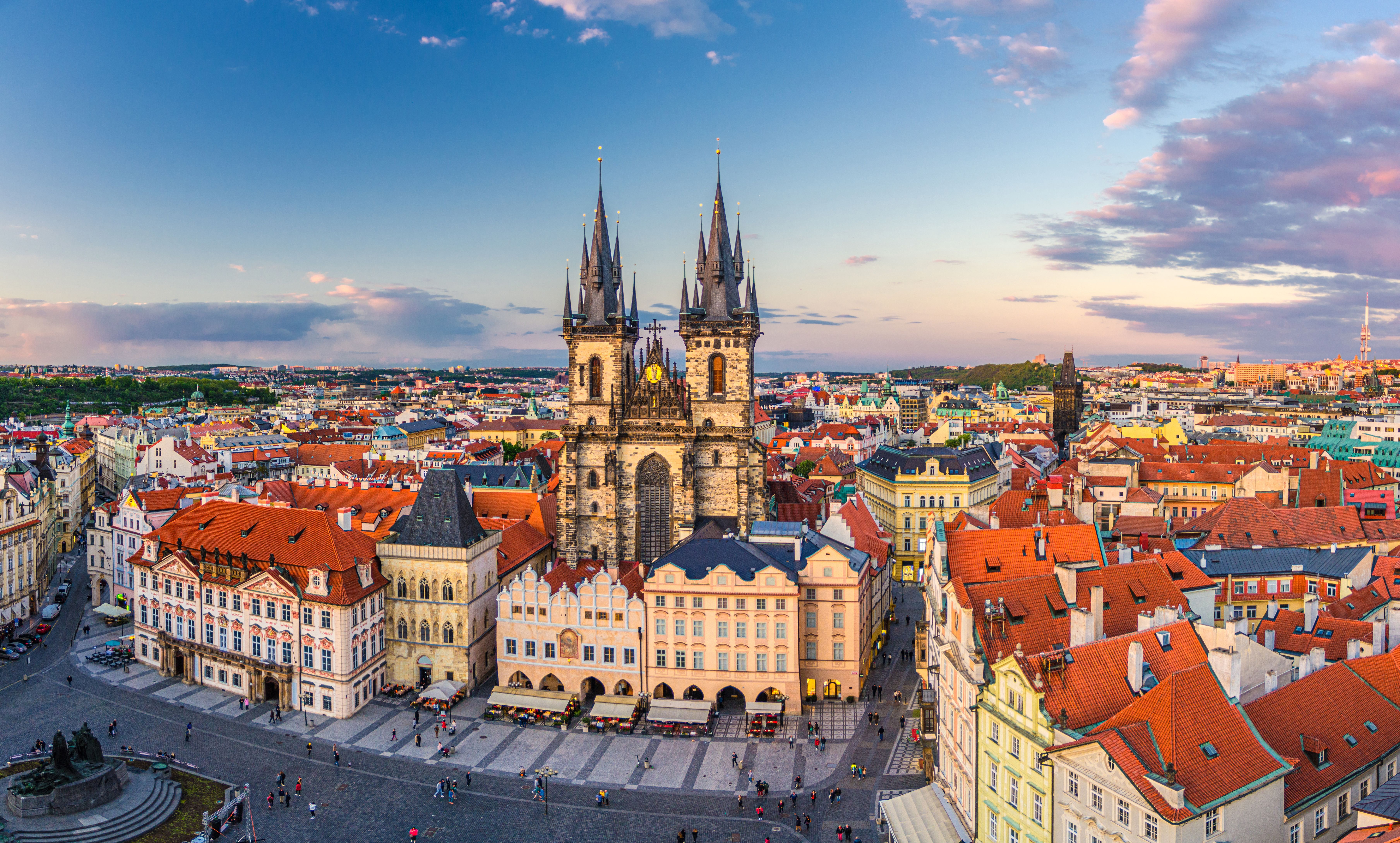 Panorama of Prague Old Town Square with Gothic Church of Our Lady before Tyn