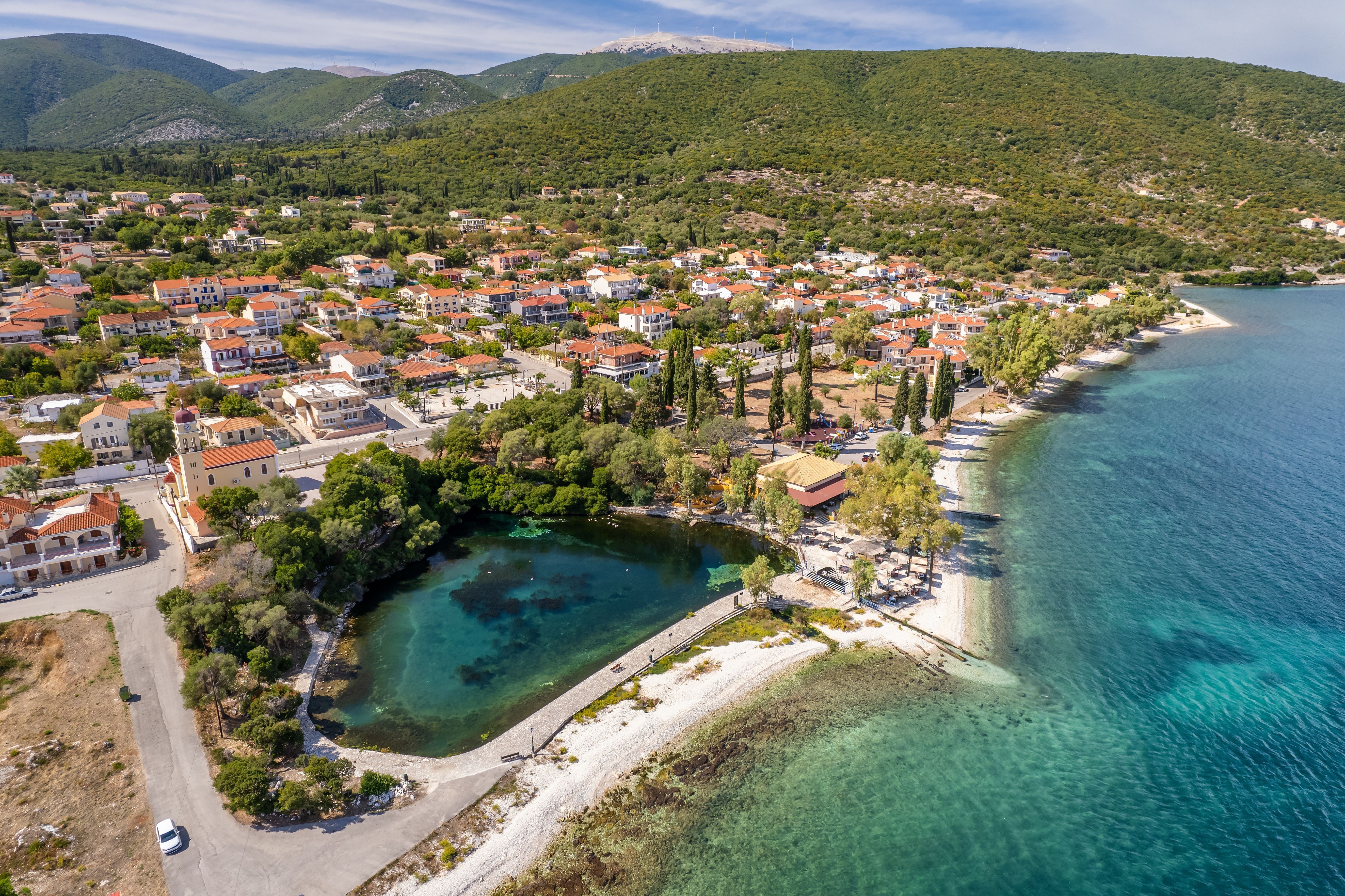 Aerial view of Karavomilos lake in Sami town, Kefalonia