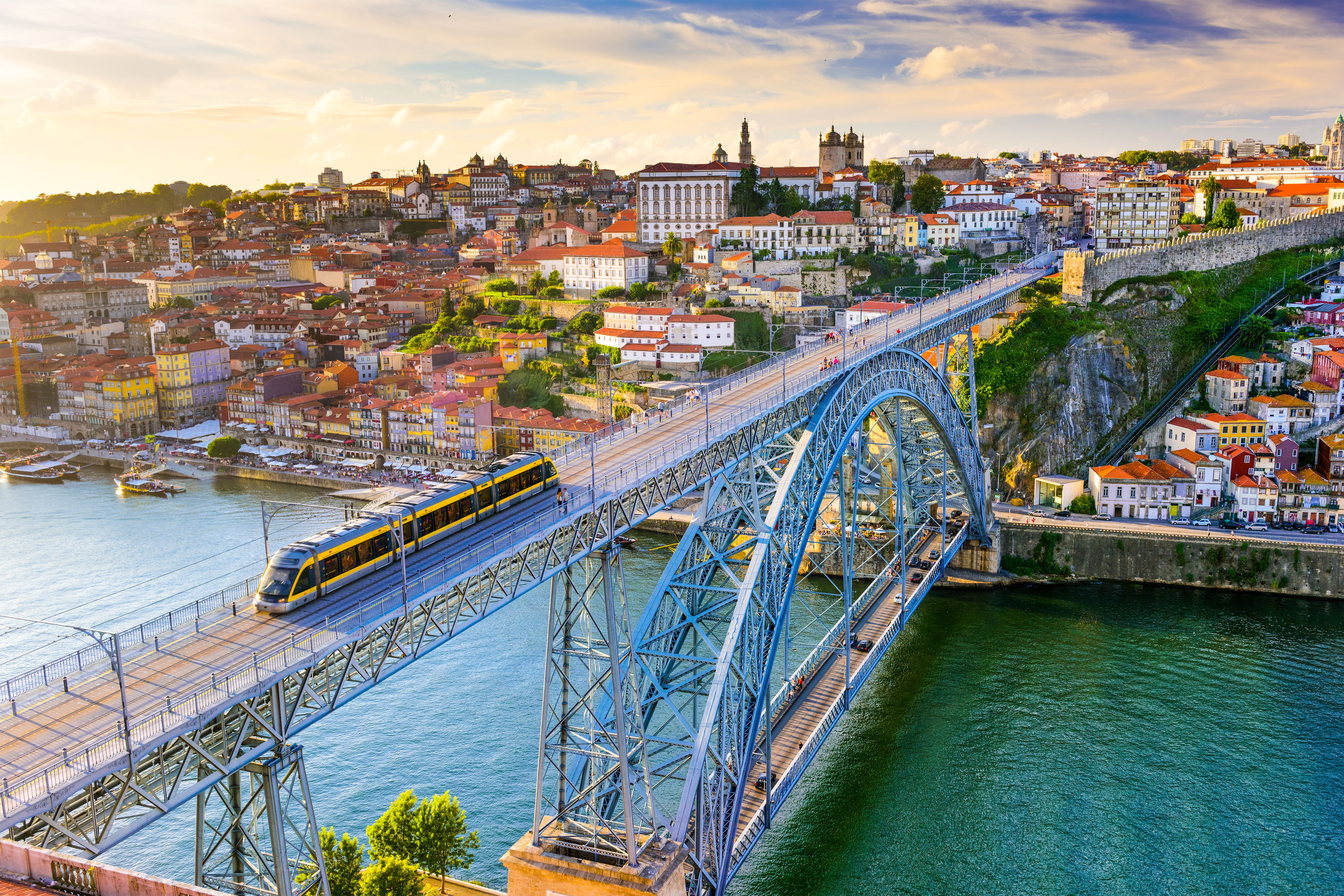 View over Porto city with the Douro River and Dom Luis I Bridge.