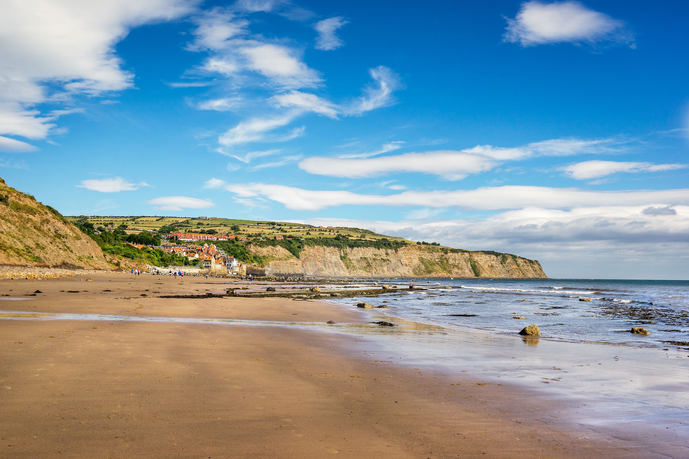 View across the empty sands of Robin Hood's Bay, North Yorkshire