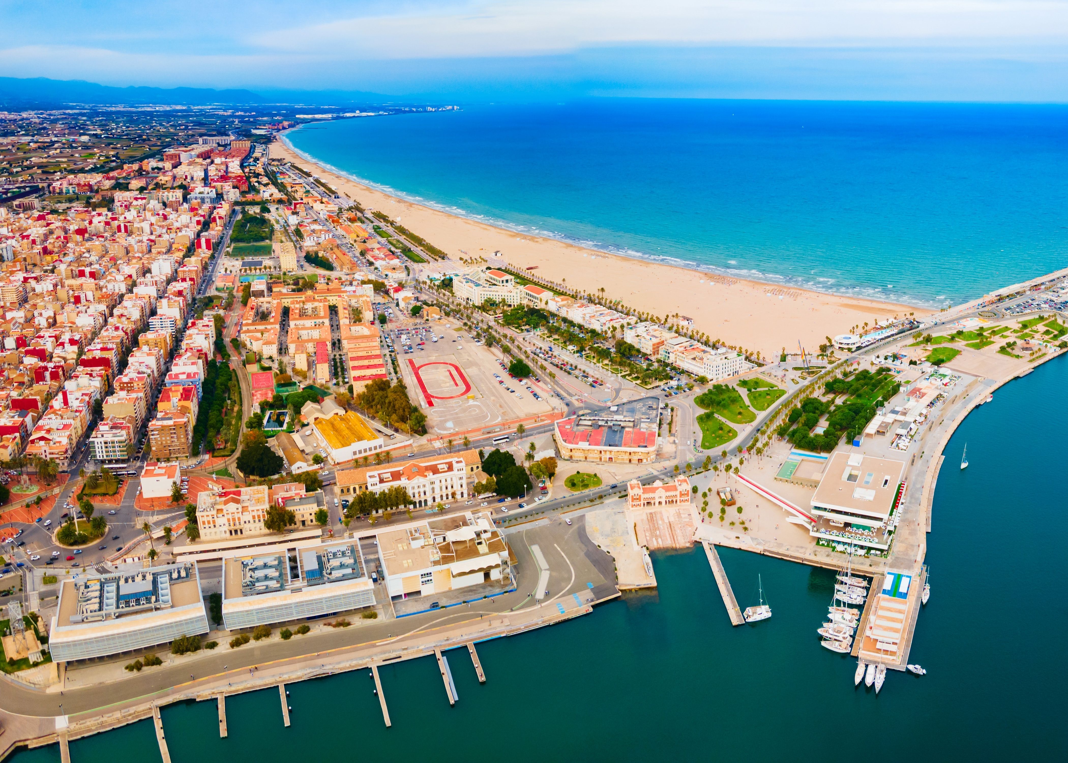 Aerial view over Valencia city and beach in Spain