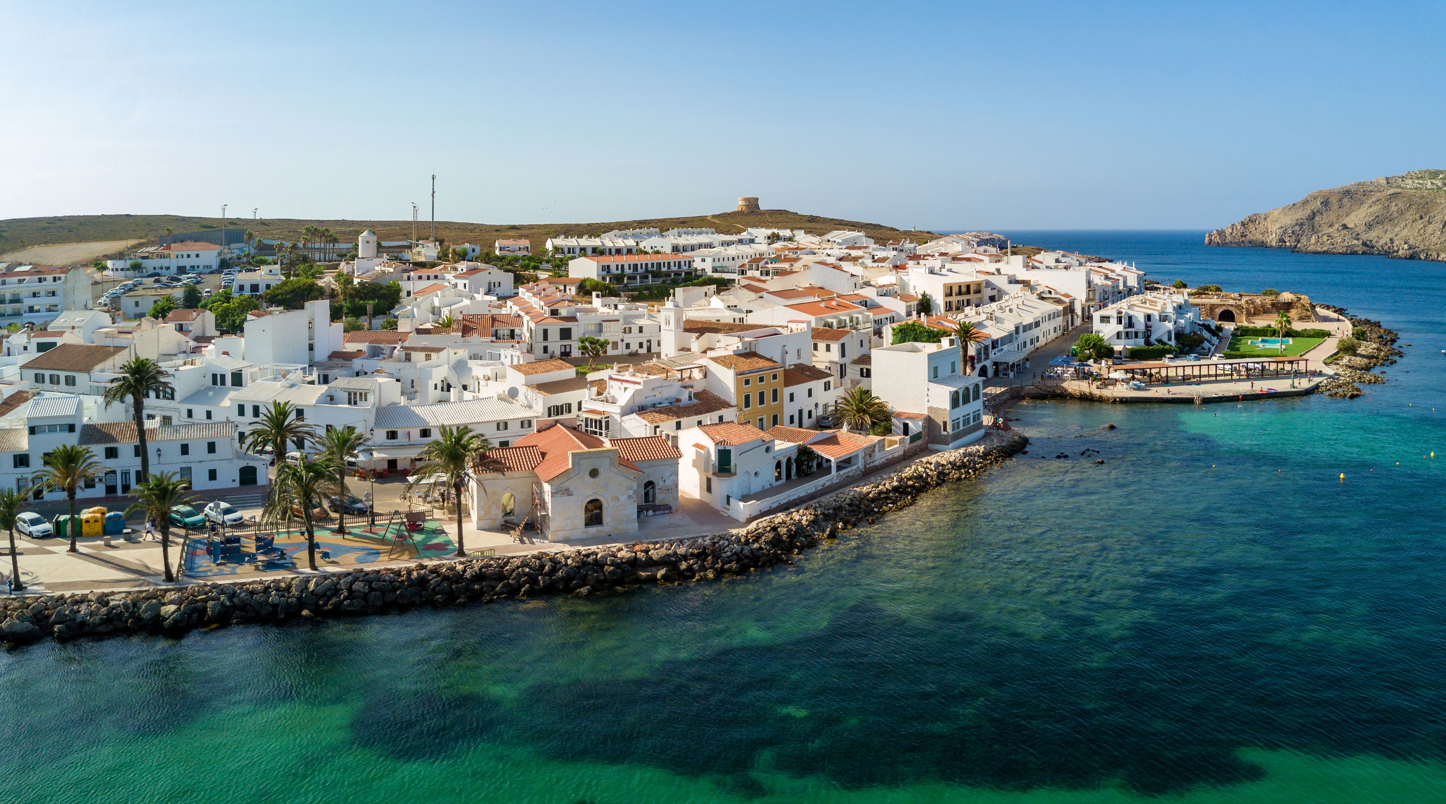 Scenic aerial view of Fornells village in Menorca