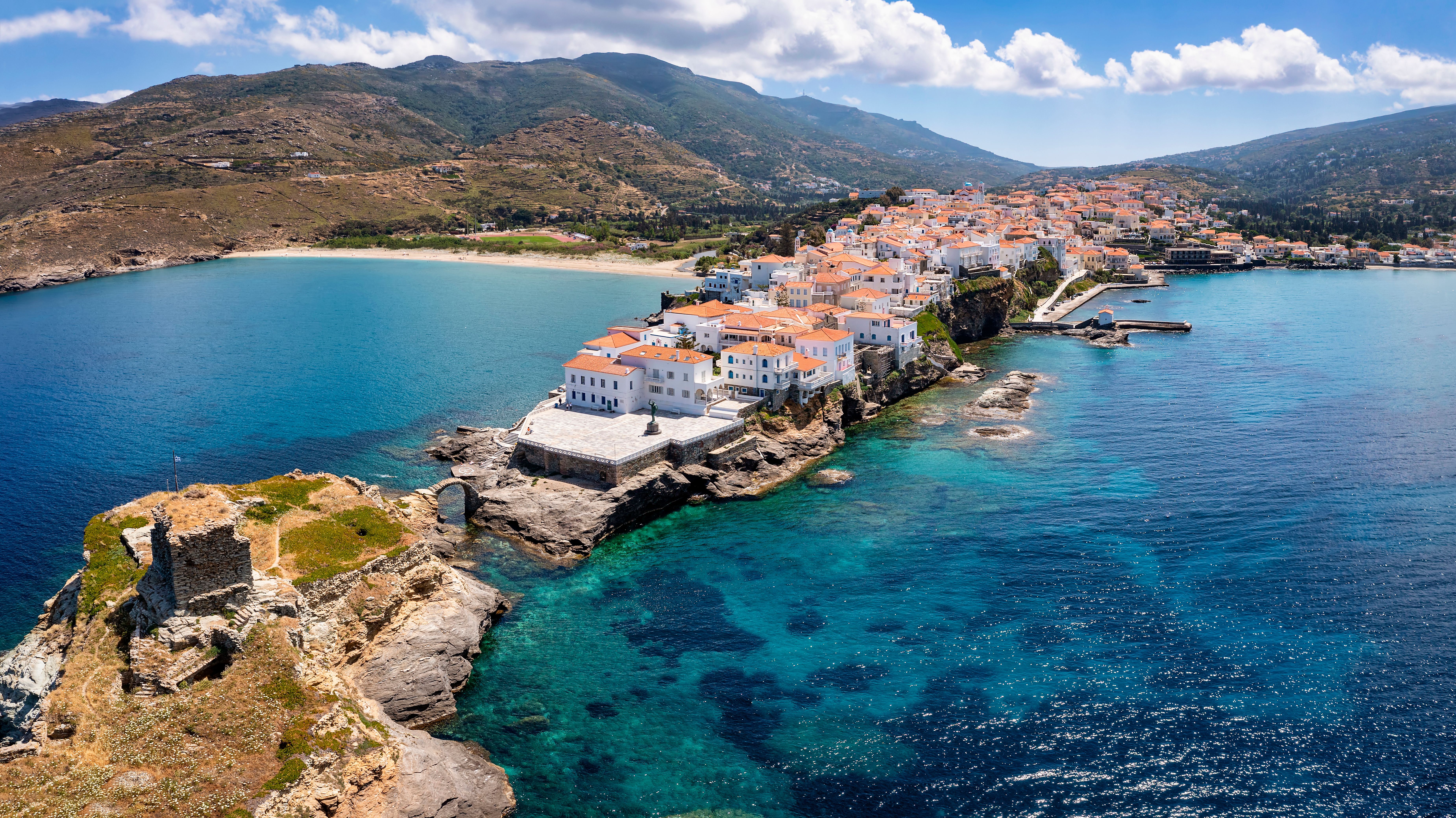 Aerial view to the idyllic town of Andros island in Greece