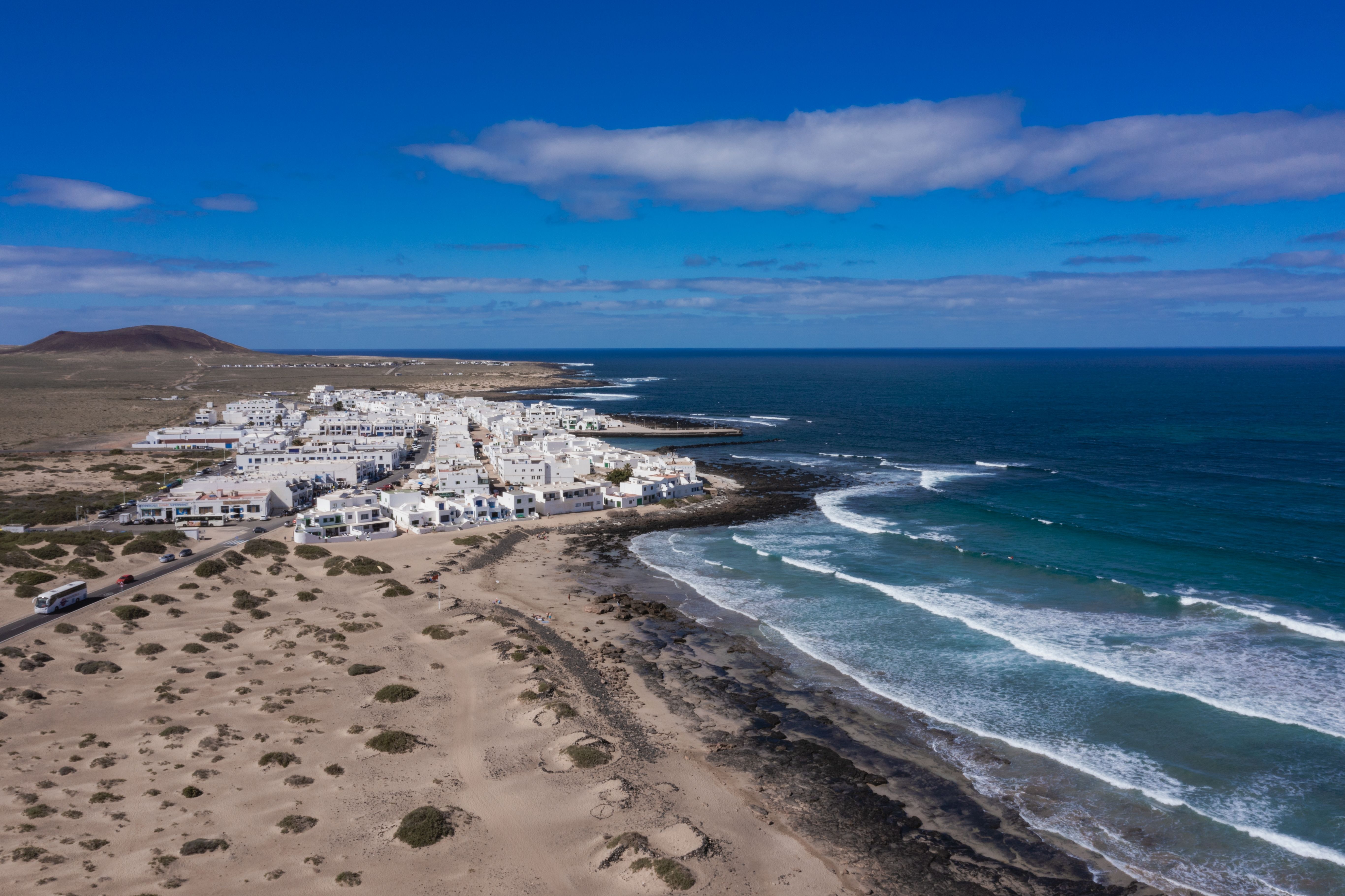 An aerial view of the resort of La Caleta de Famara in Lanzarote