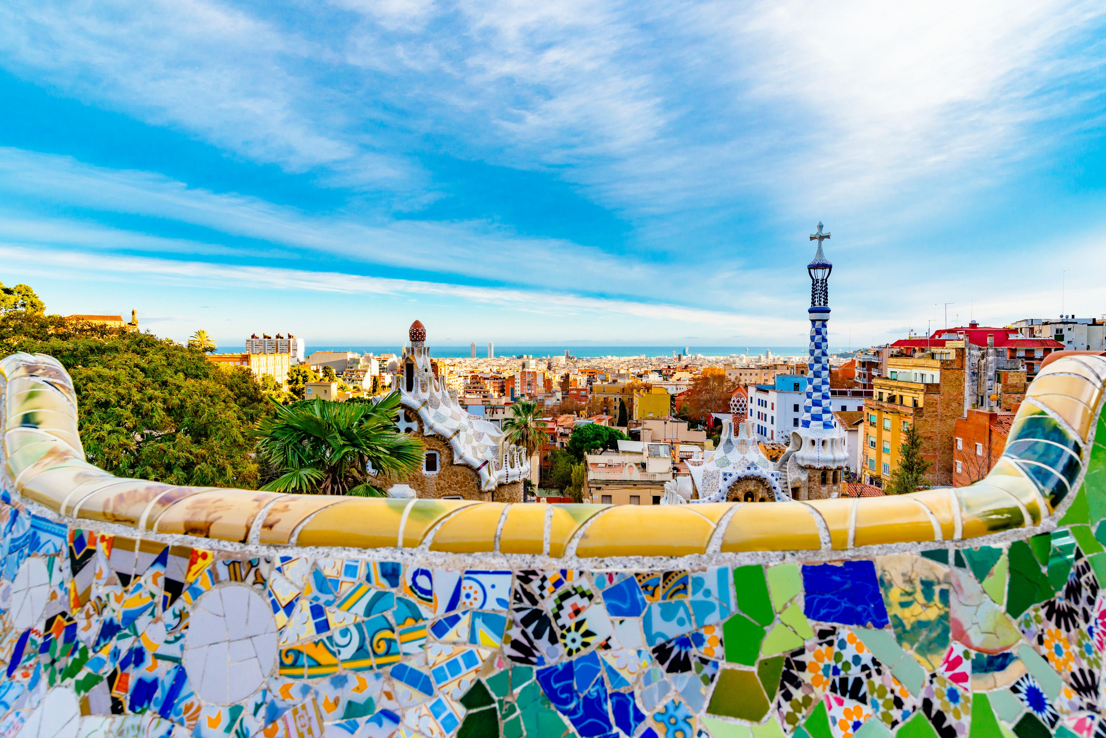 A view of Barcelona from the Park Guell with the sea on the horizon