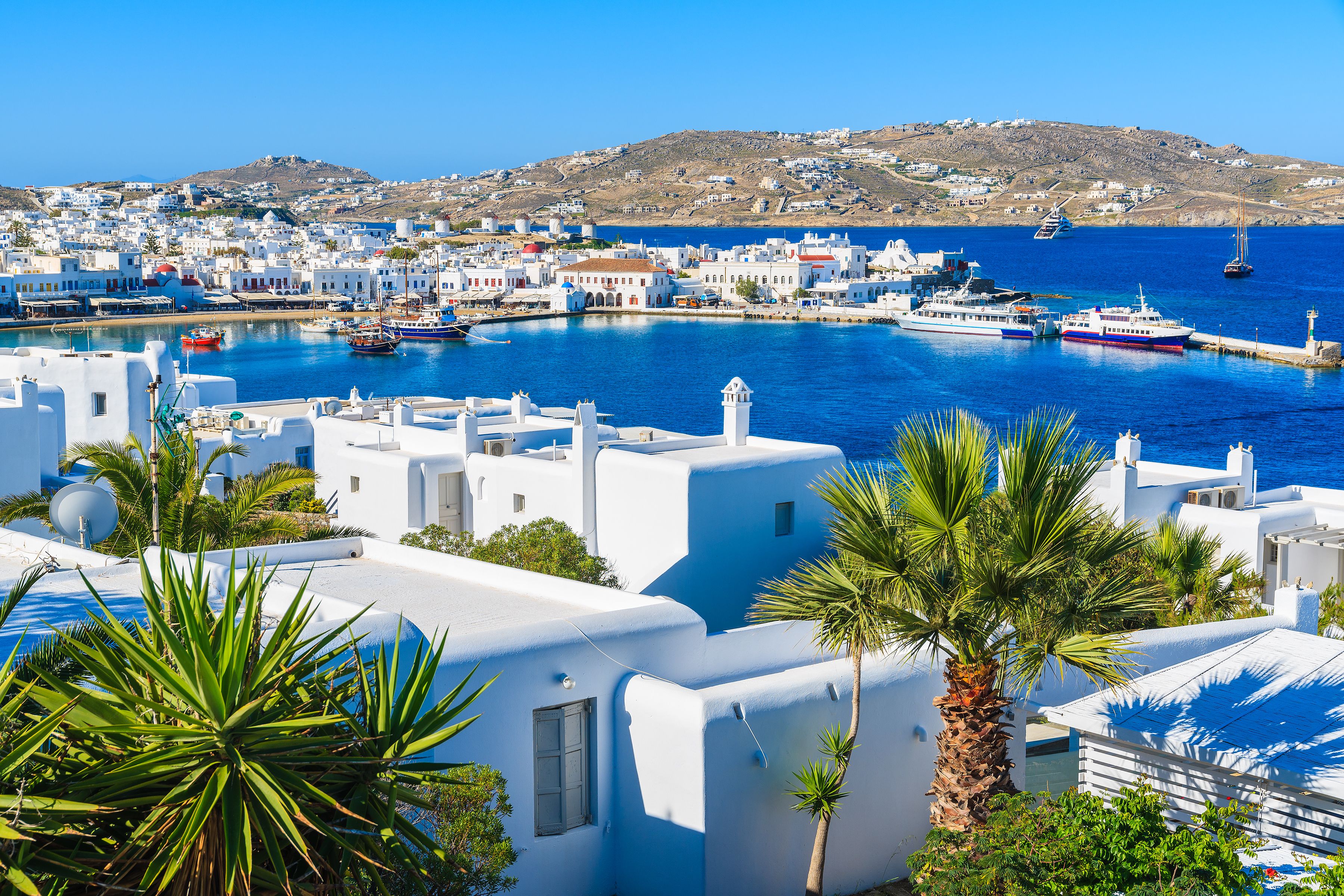 A view of Mykonos port and town in Greece