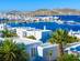 A view of Mykonos port and town in Greece