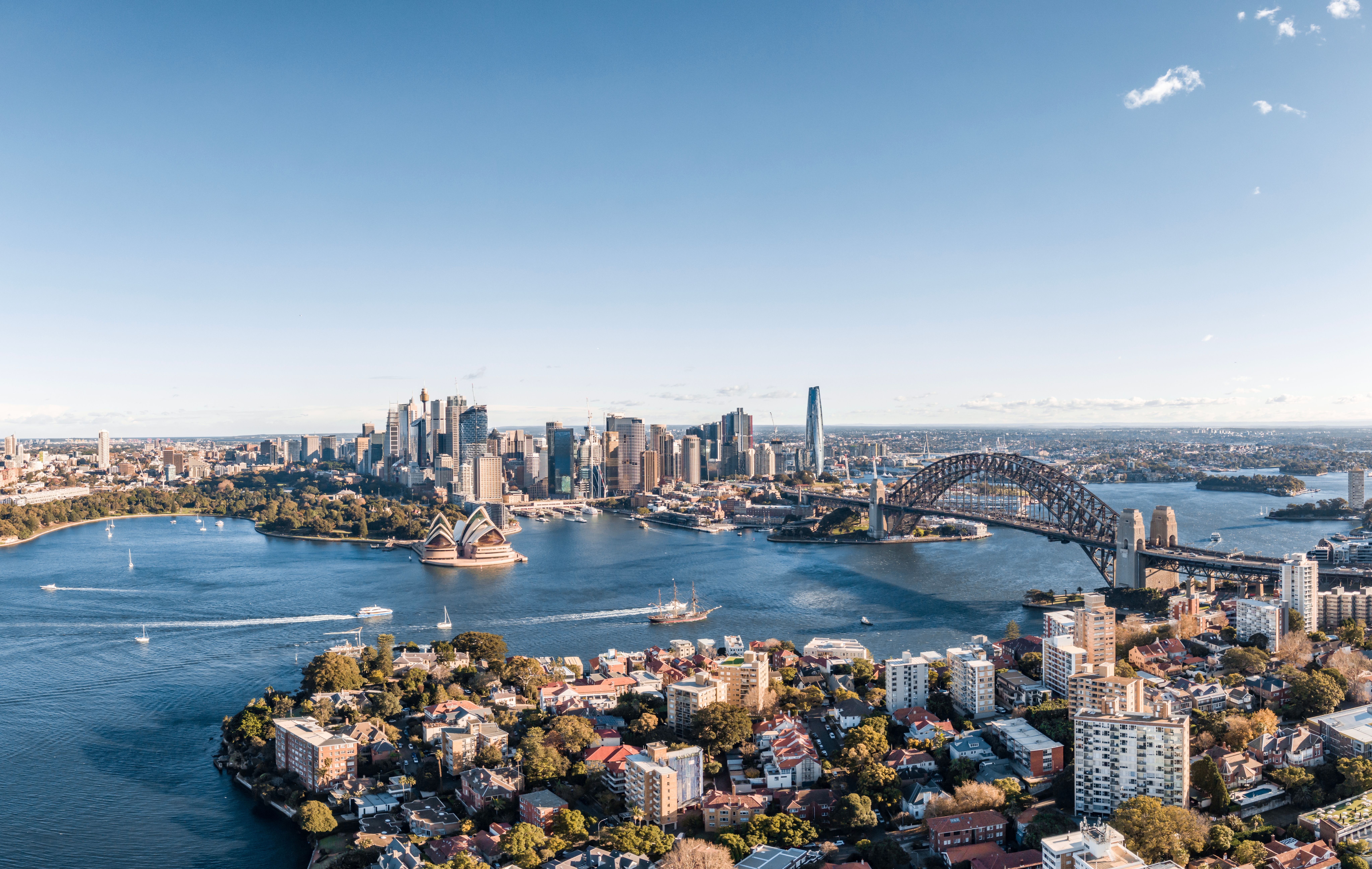 Panoramic drone view of Sydney, Australia with Harbour Bridge, Opera House and Barangaroo all featured.