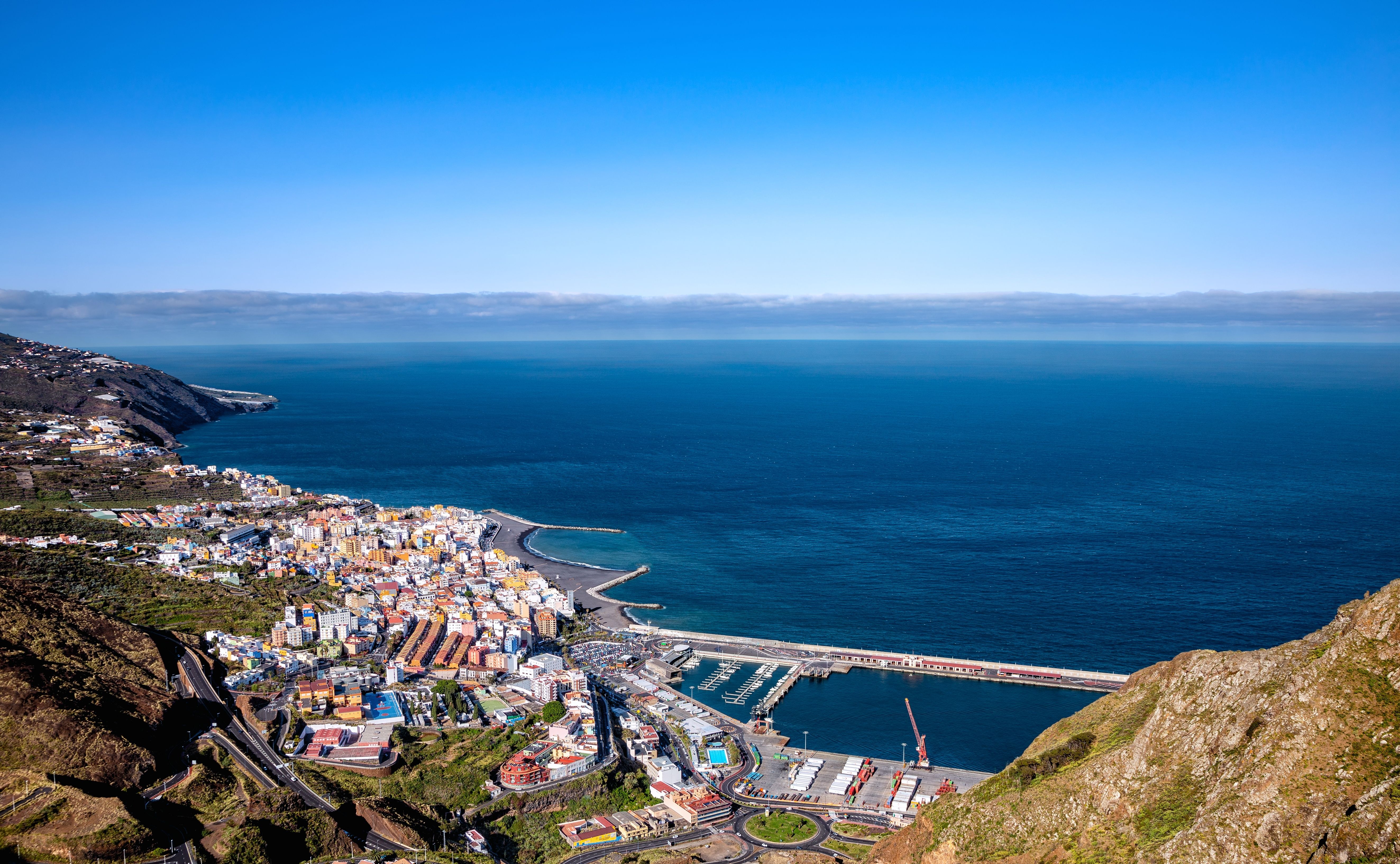 An aerial view over the city and coastline of Santa Cruz de La Palma in La Palma, Canary Islands