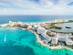 Aerial view of Cancun's Hotel Zone, an offshore sandbar lined with sprawling resorts, white sands ands turquoise water