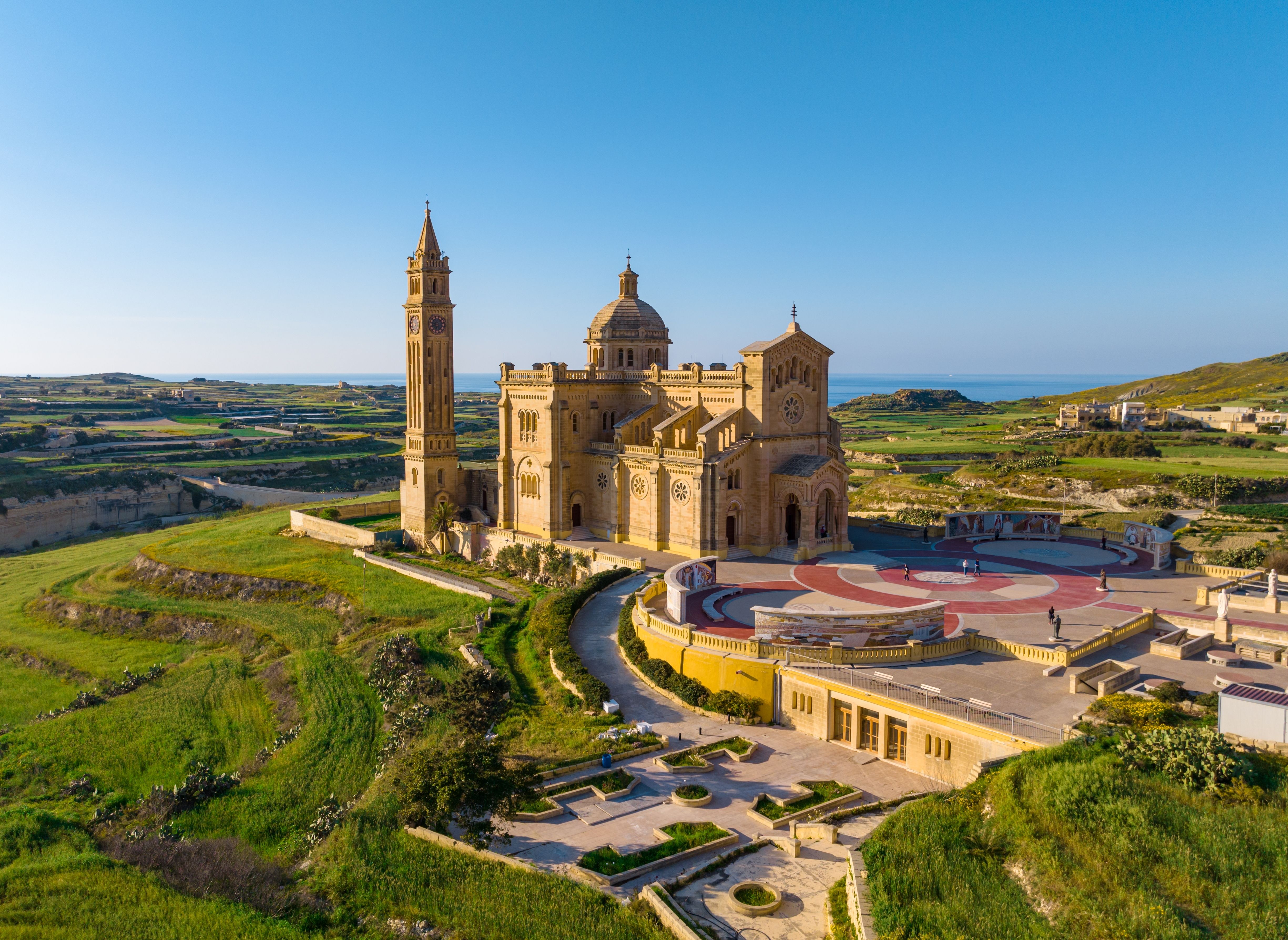 An aerial view of the The Basilica of Ta' Pinu in the town of Garb in Gozo, Malta