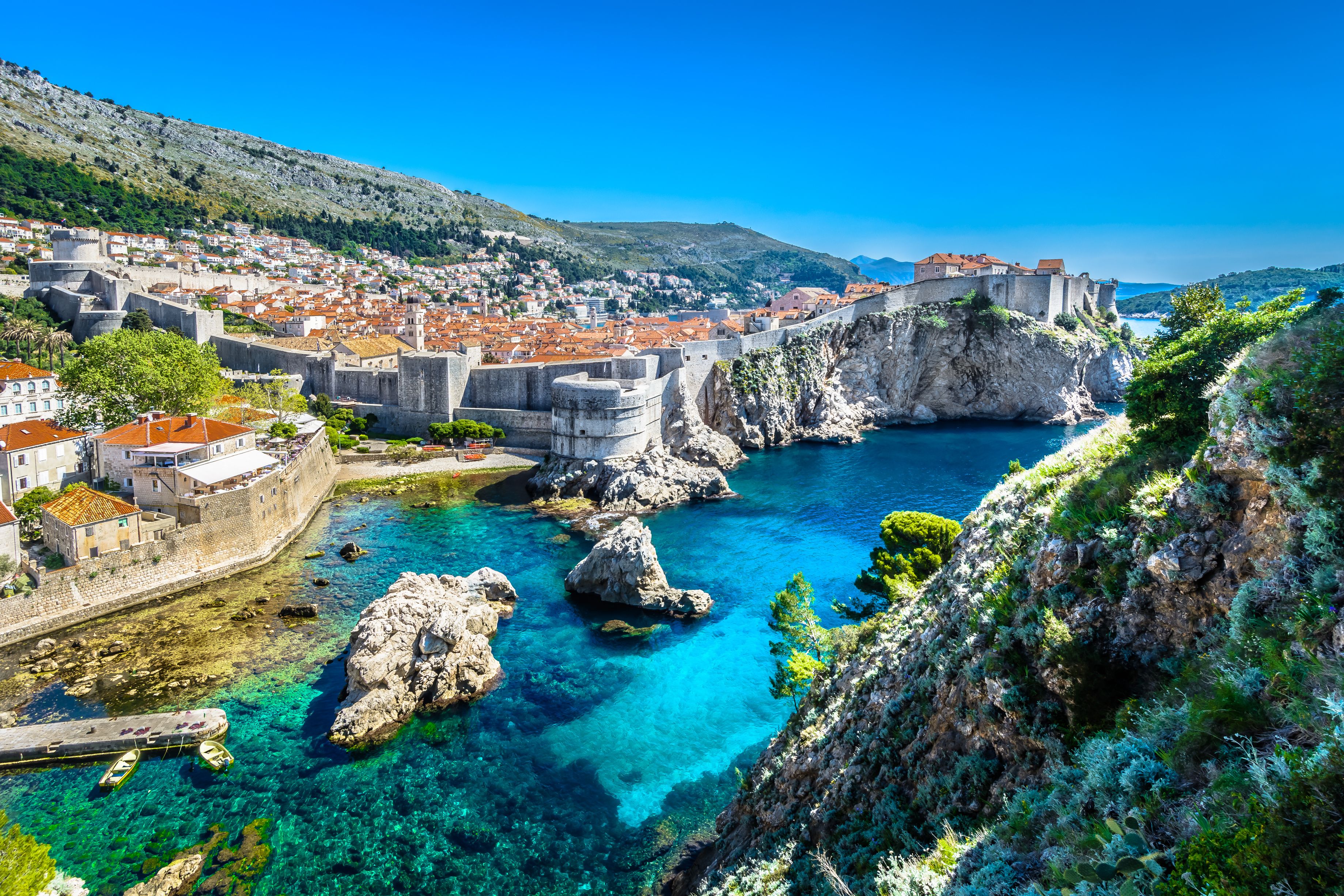 Aerial panoramic view at famous european travel destination, Dubrovnik cityscape on Adriatic Coast, Croatia