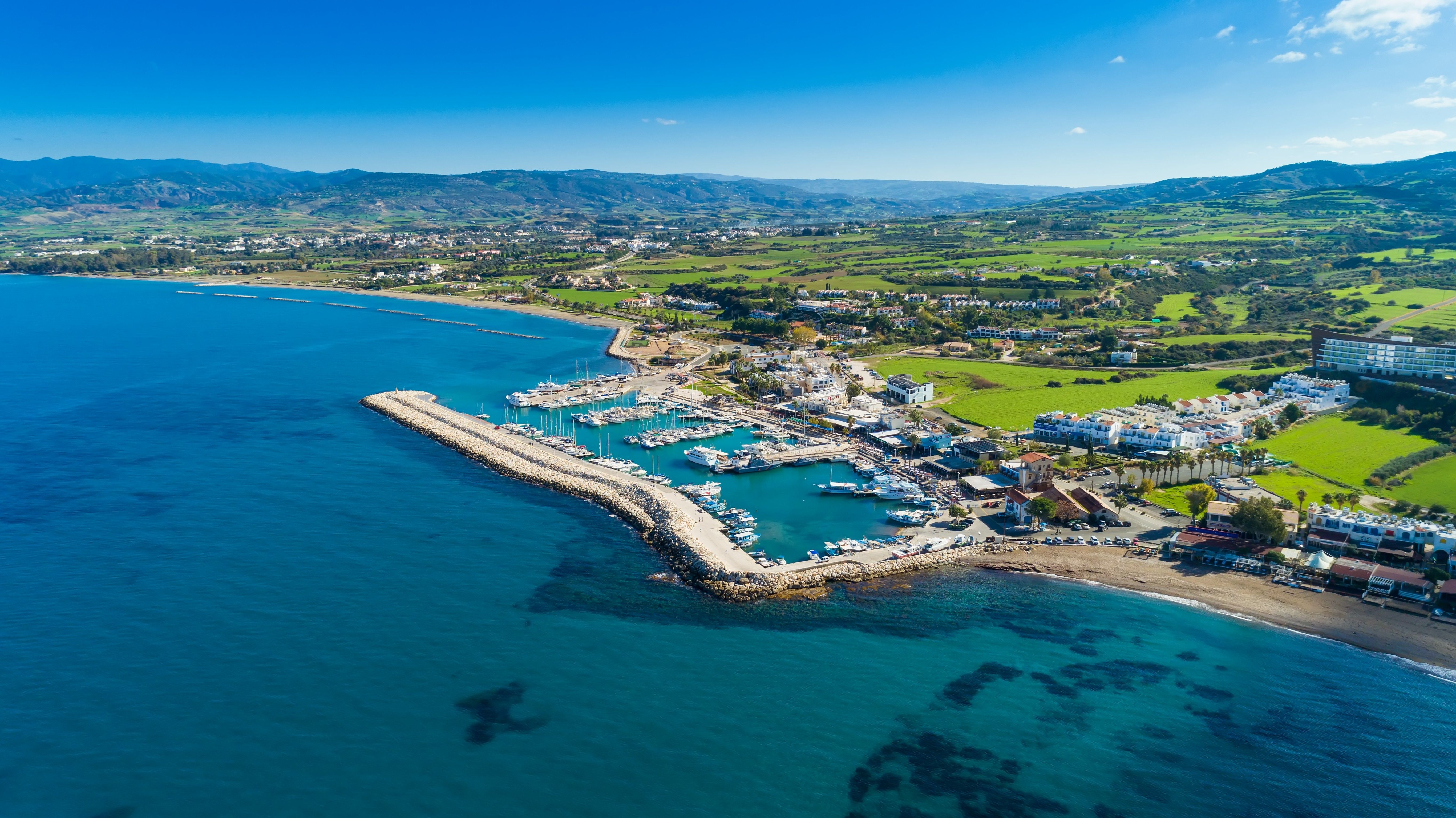 An aerial view of Latsi (also known as Lakki or Latchi) harbour and coastline in Cyprus