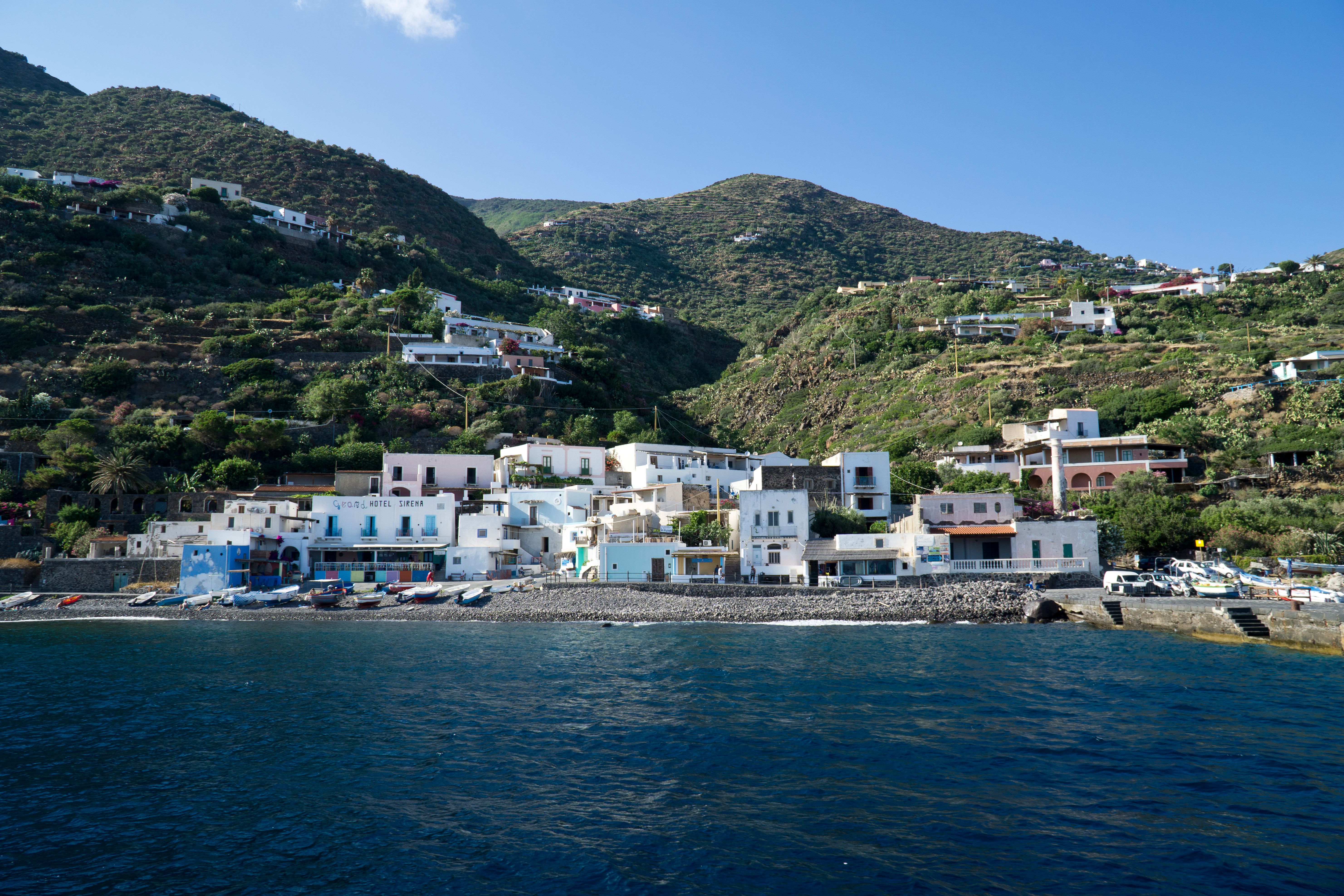 View of white-washed village on Alicudi Island, Sicily