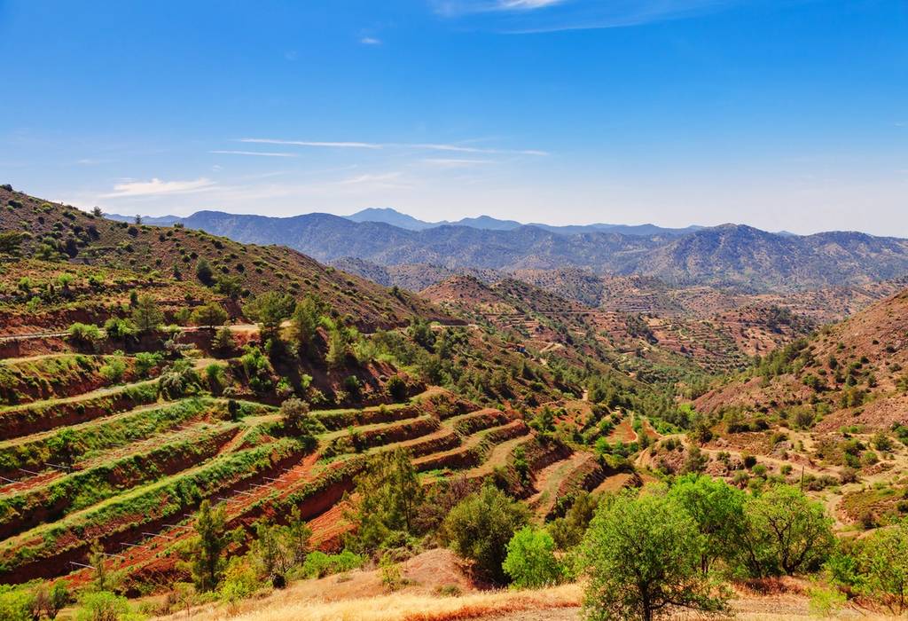 A panoramic view of the Troodos Mountains range near the famous village of Kato Lefkara in Limassol, Cyprus
