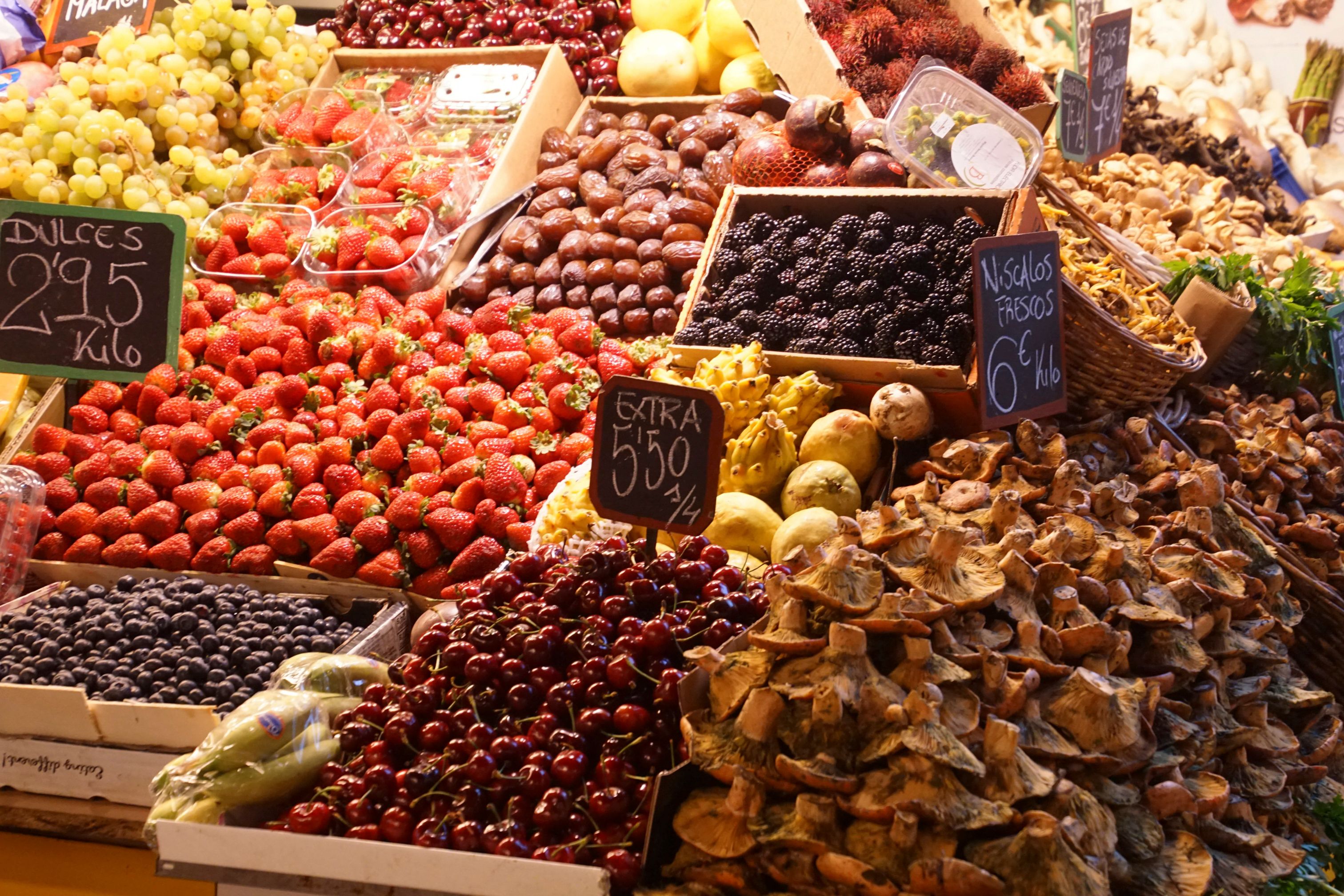 A close up of a fruit stall at Atarazanas market in Malaga