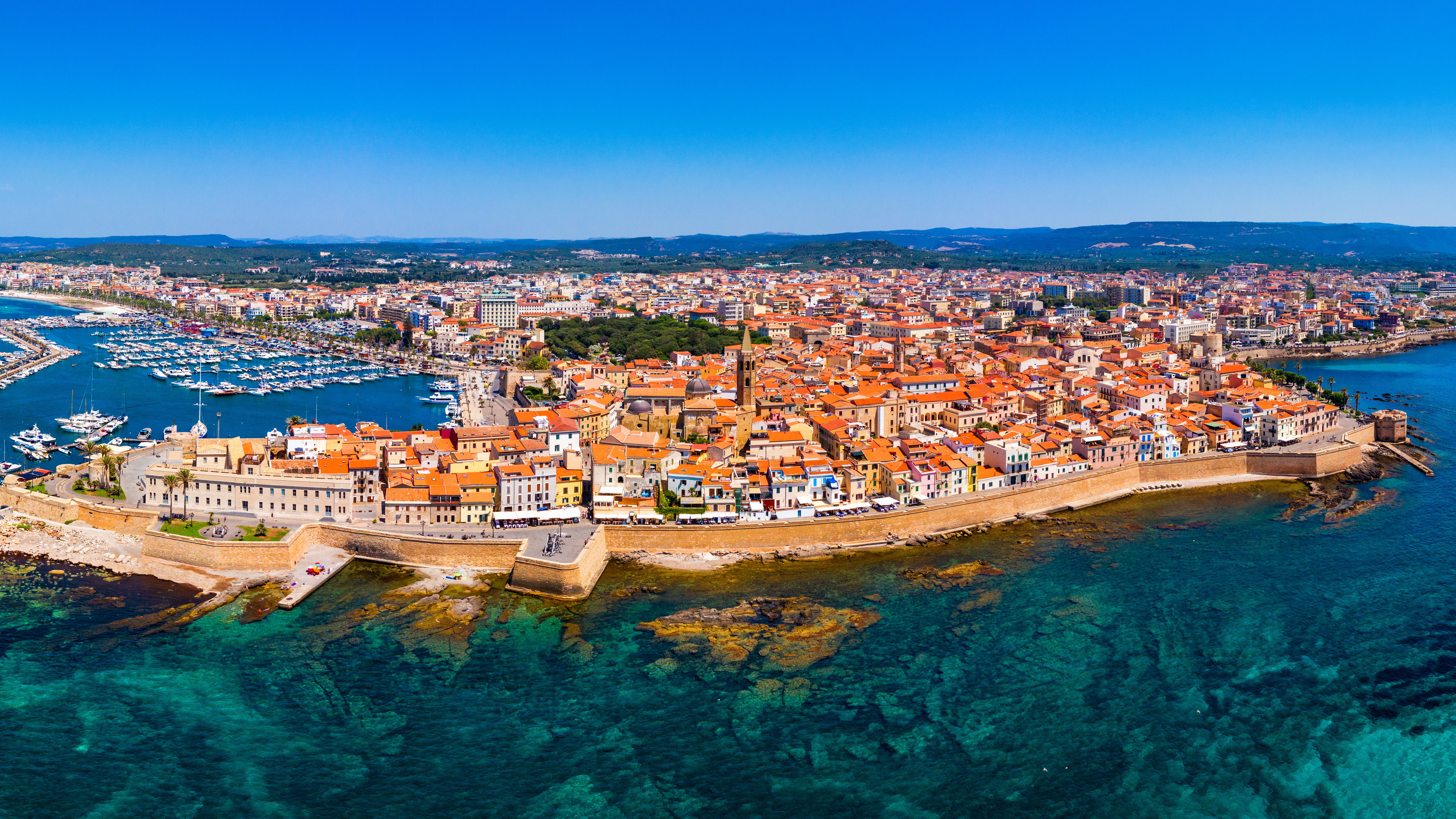 Aerial view over Alghero old town in Sardinia, Italy
