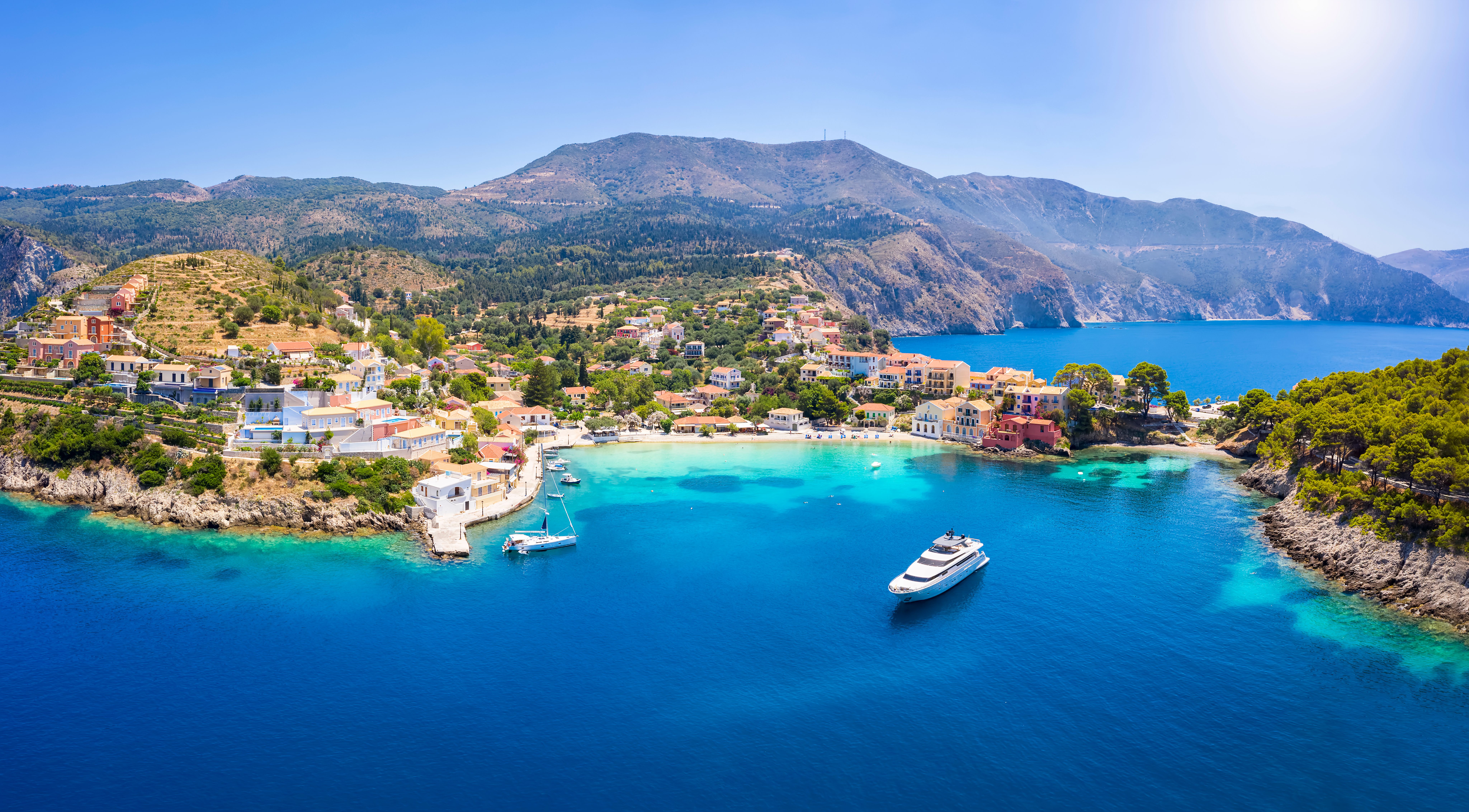 Aerial view of the fishing village of Assos on the island of Kefalonia, Greece