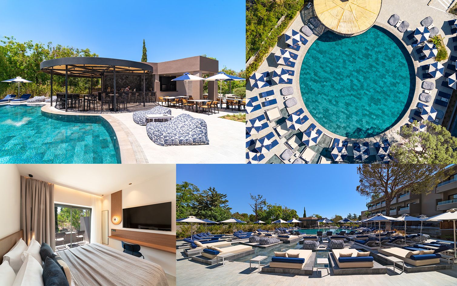 Collage of 4 images of Cabú Adults Only Hotel, showing the luxury swimming pool, superior double bedroom, and poolside bar.