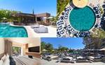 Collage of 4 images of Cabú Adults Only Hotel, showing the luxury swimming pool, superior double bedroom, and poolside bar.