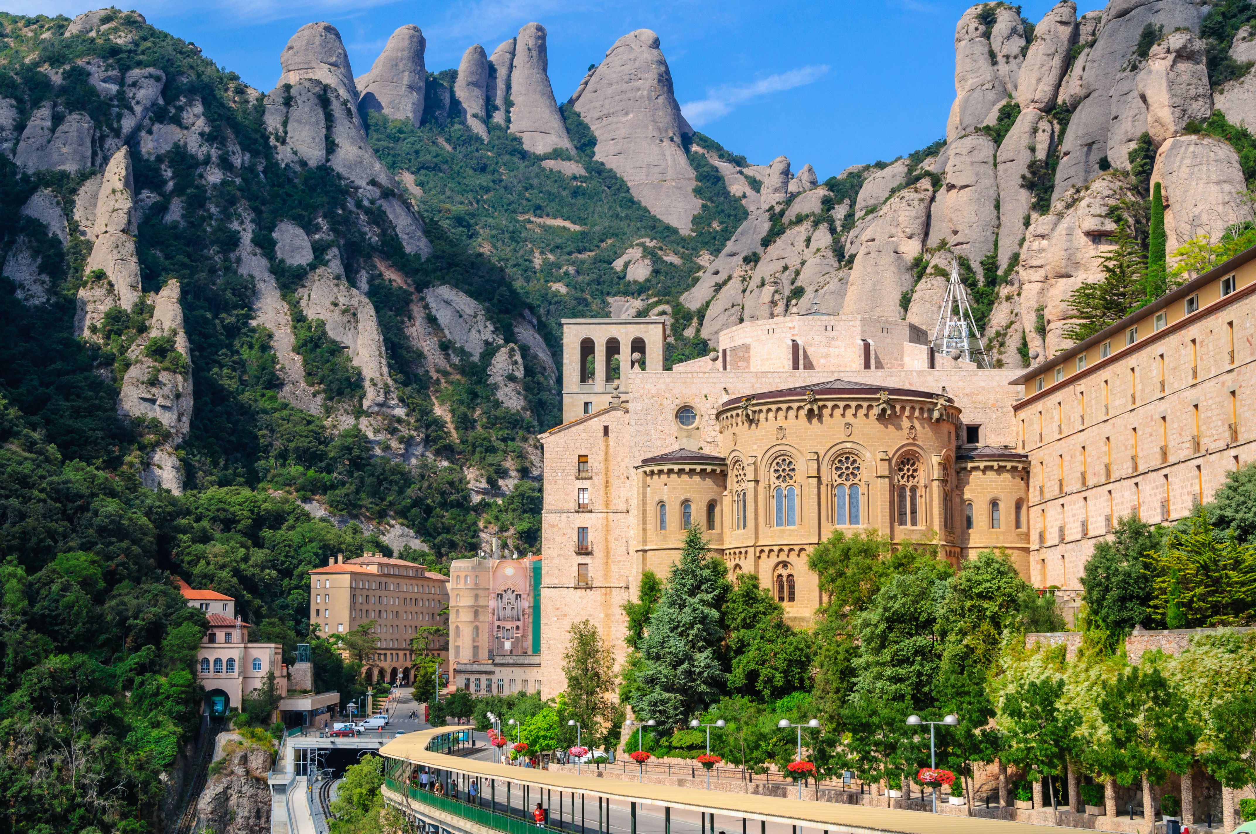 A view of Montserrat Monastery surrounded by mountains in Catalonia, Spain
