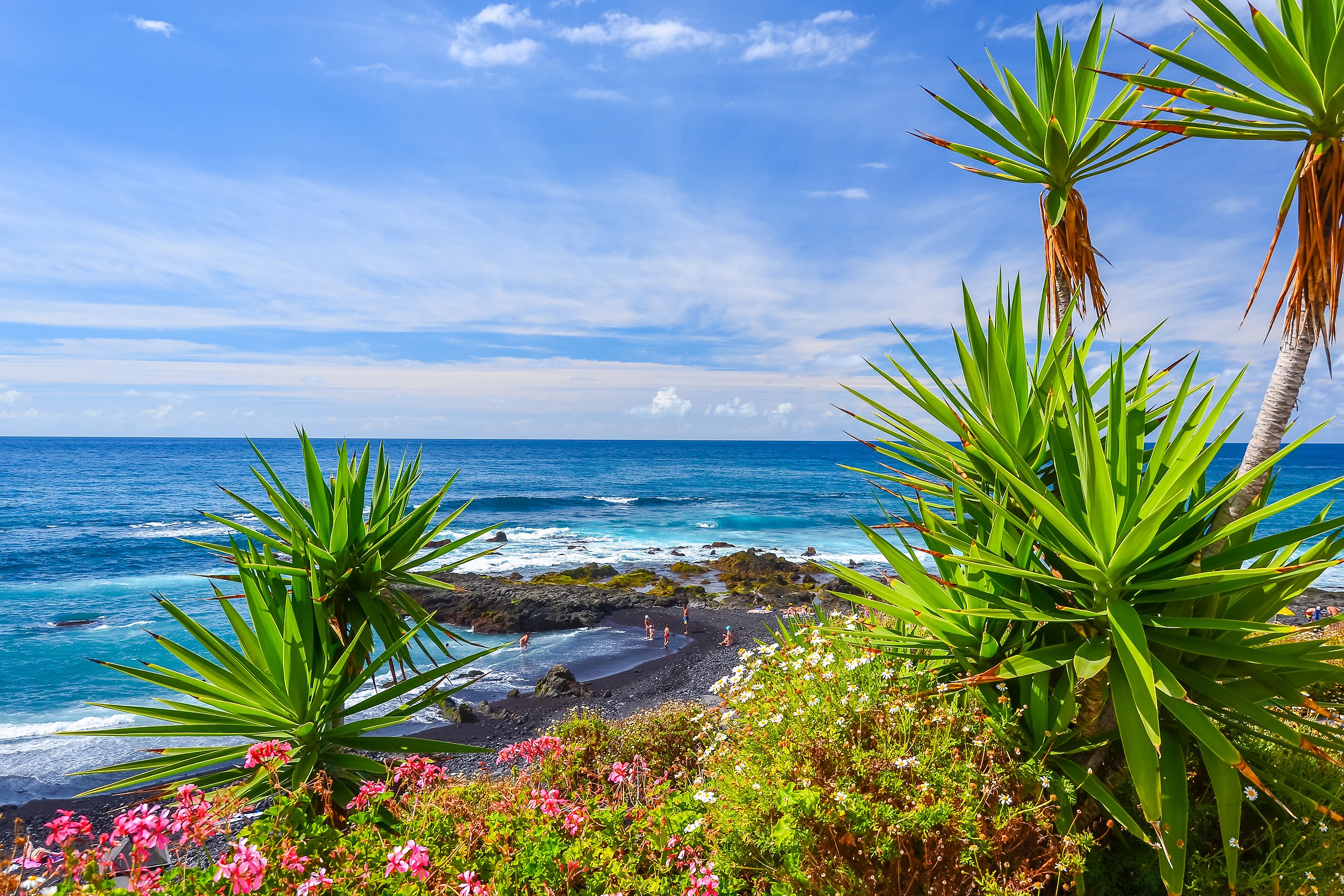 A black-sand beach in Puerto de la Cruz, Tenerife, Canary Islands