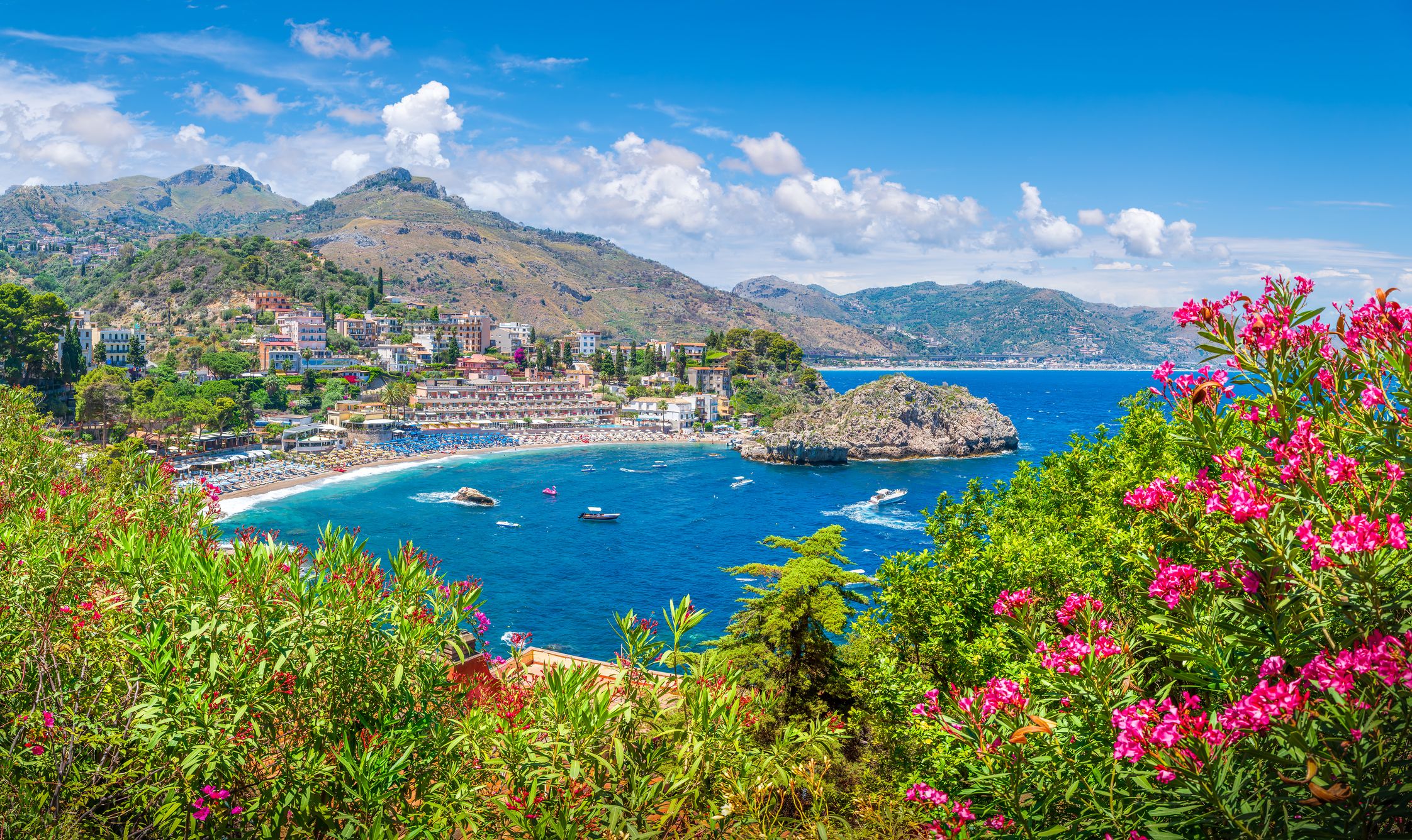 Landscape with Mazzarò beach near Isola Bella beach, Province of Messina, Taormina, Sicily