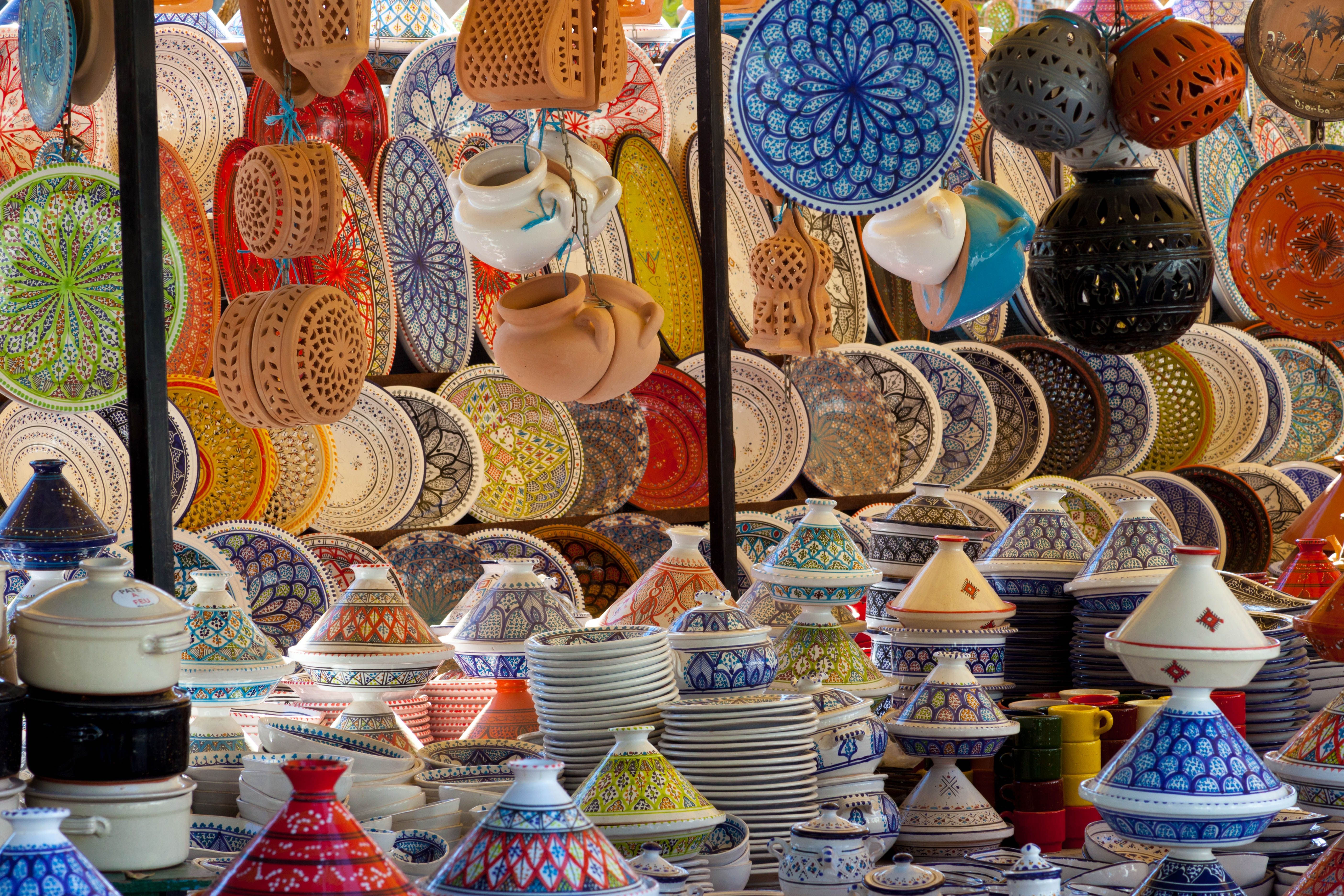 Colourful ceramics on a market stall at Djerba souk, Tunisia