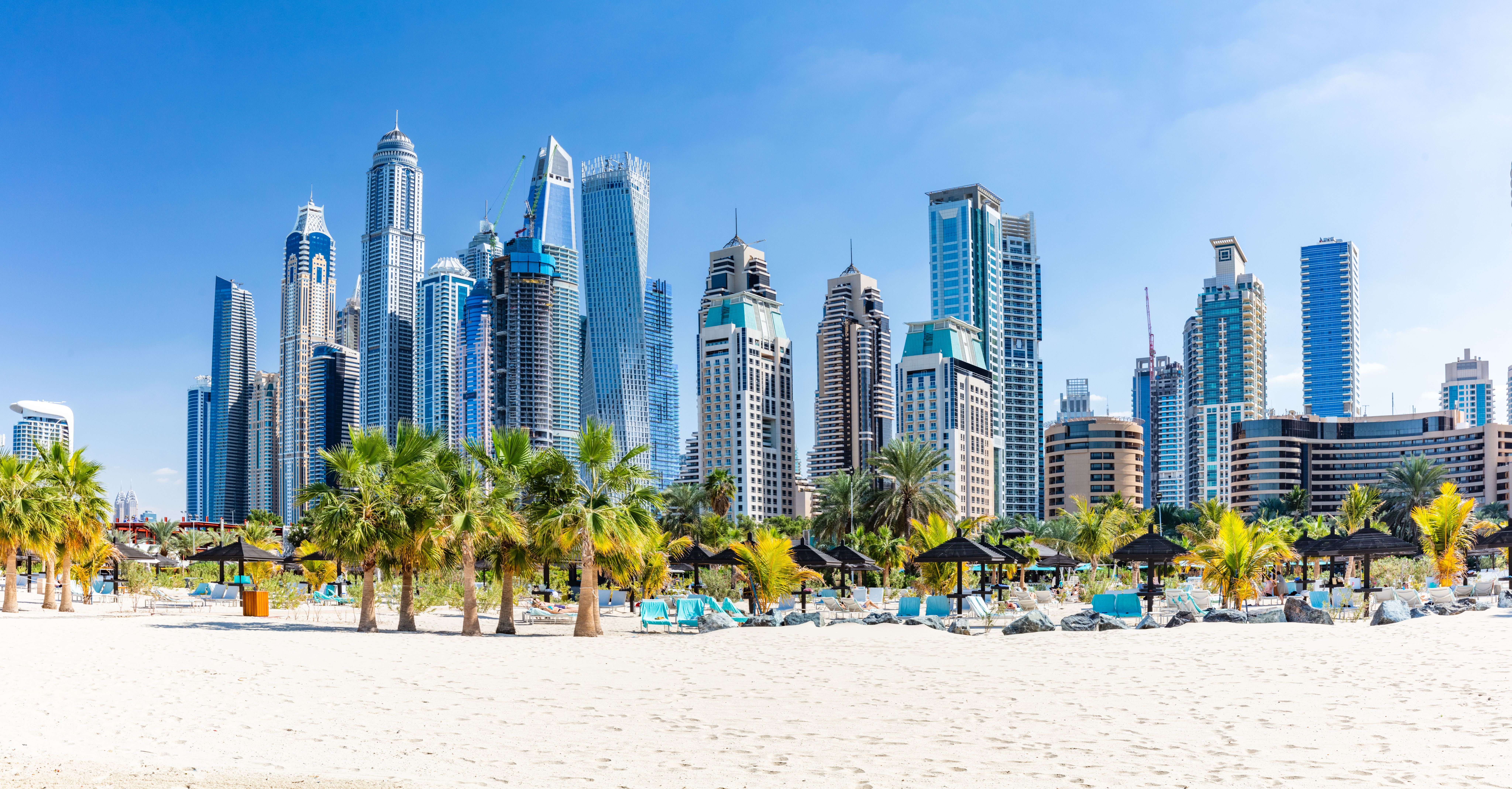 A view of Jumeirah Beach in Dubai with palm trees and backed by skyscraper buildings on a clear blue day