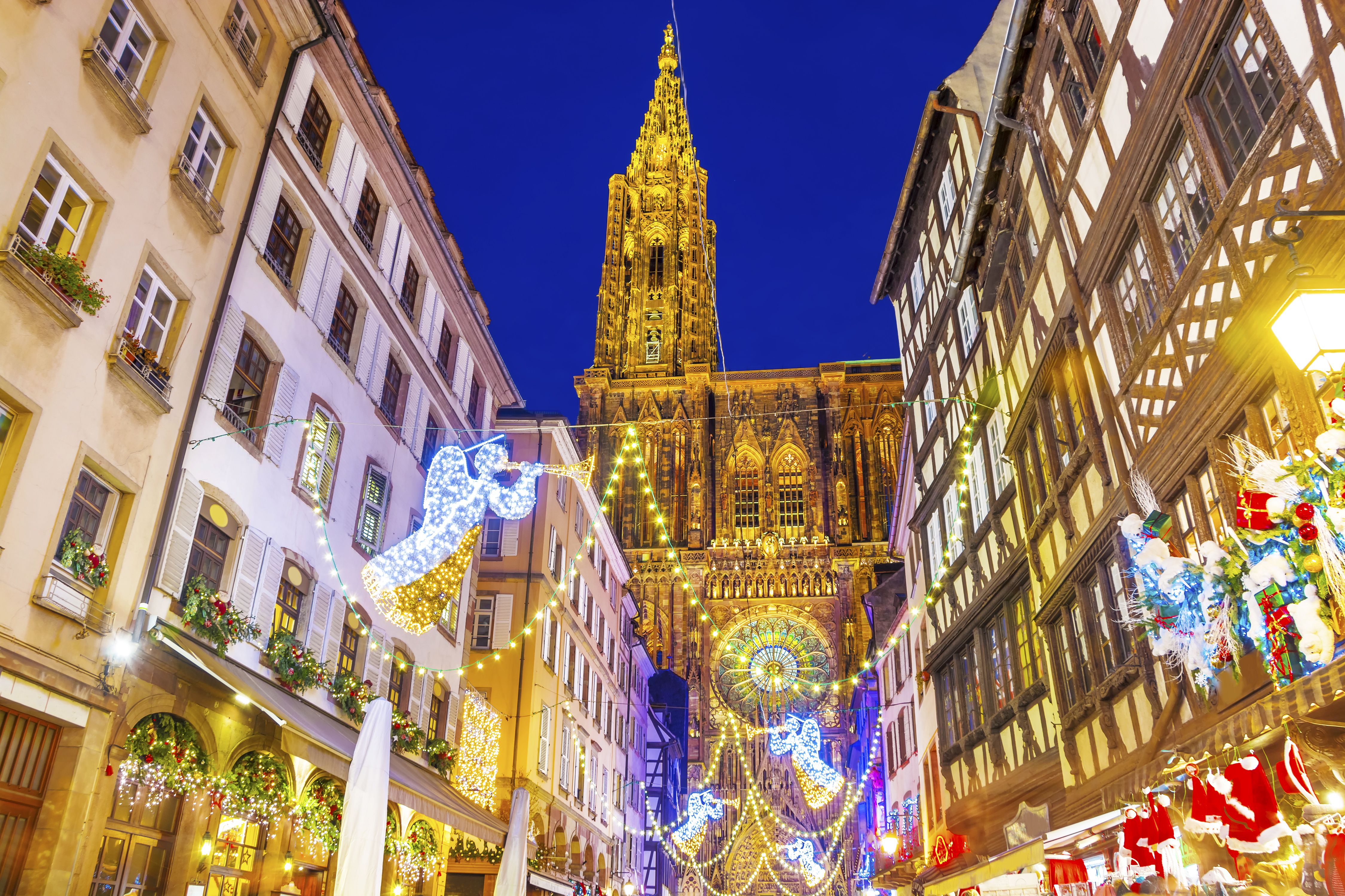 Festive Christmas illuminations and decorations on the streets of Strasbourg - capital of Christmas in Alsace, France