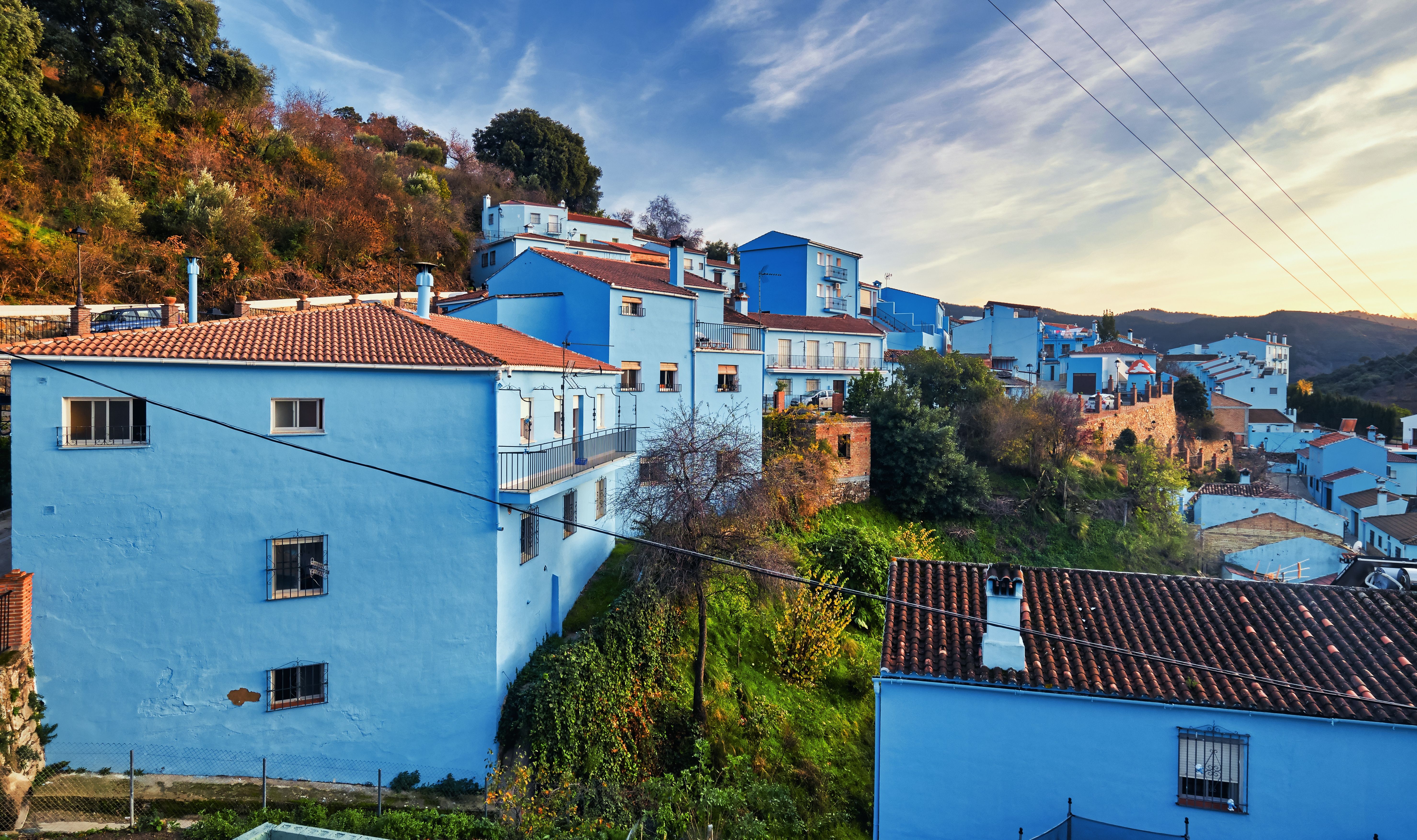 View of the unique blue painted houses iof a Spanish town used for the Smurfs movie.