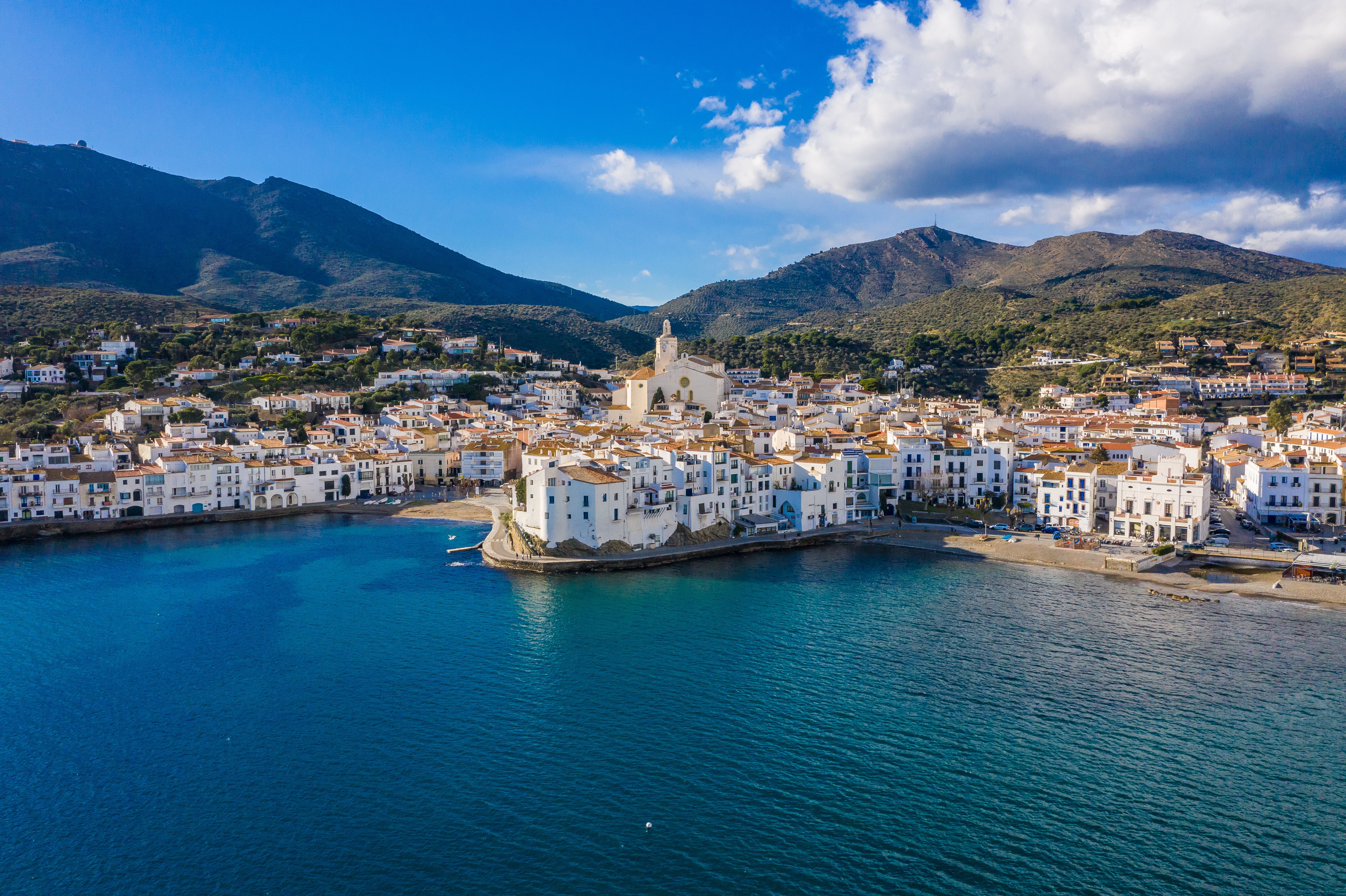 Aerial panoramic view of Cadaques seaside town in Costa Brava, Spain