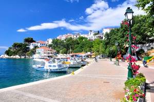 A view of the old town port in Skiathos, Greece