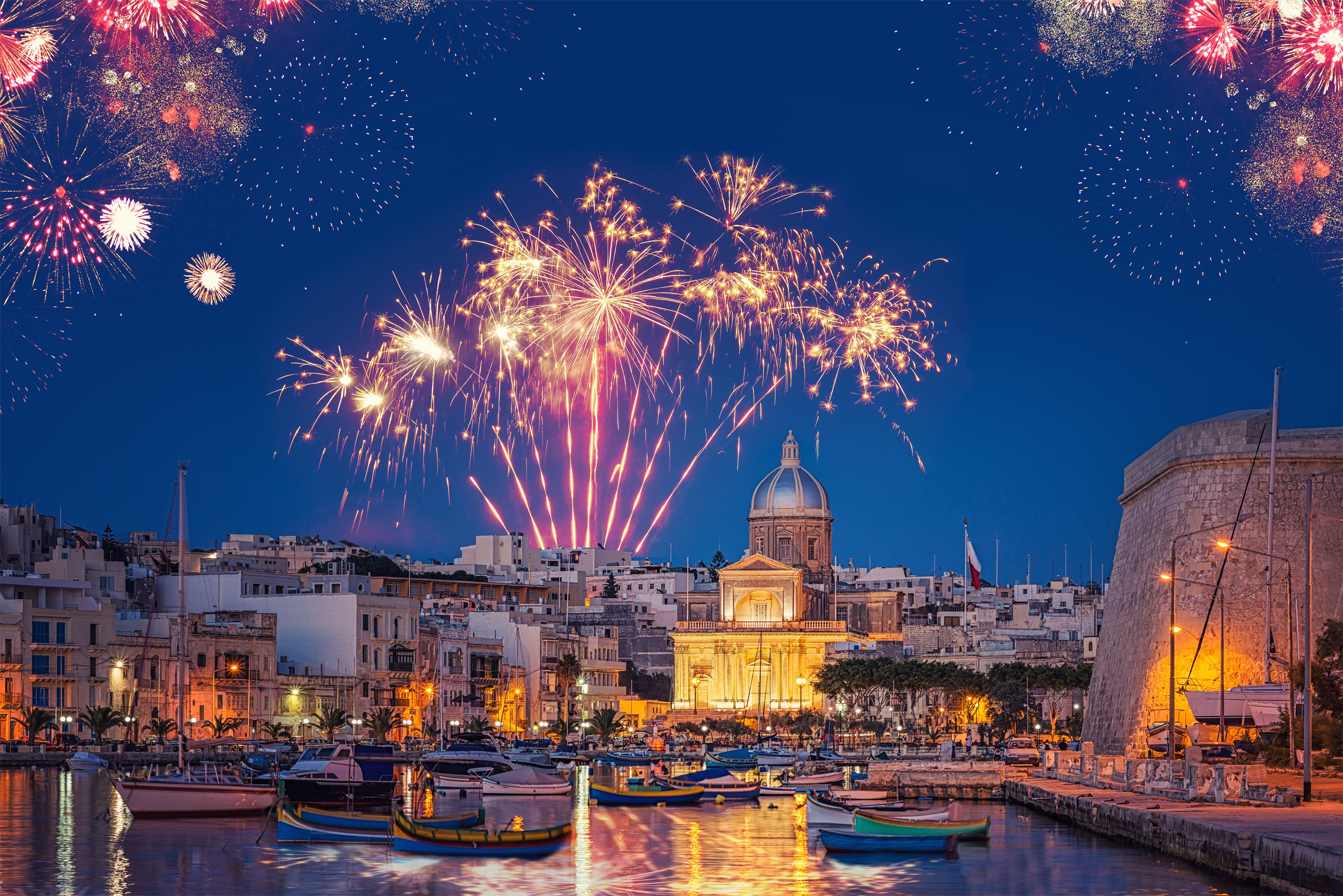 A view of fireworks over the harbour in Valletta, Malta