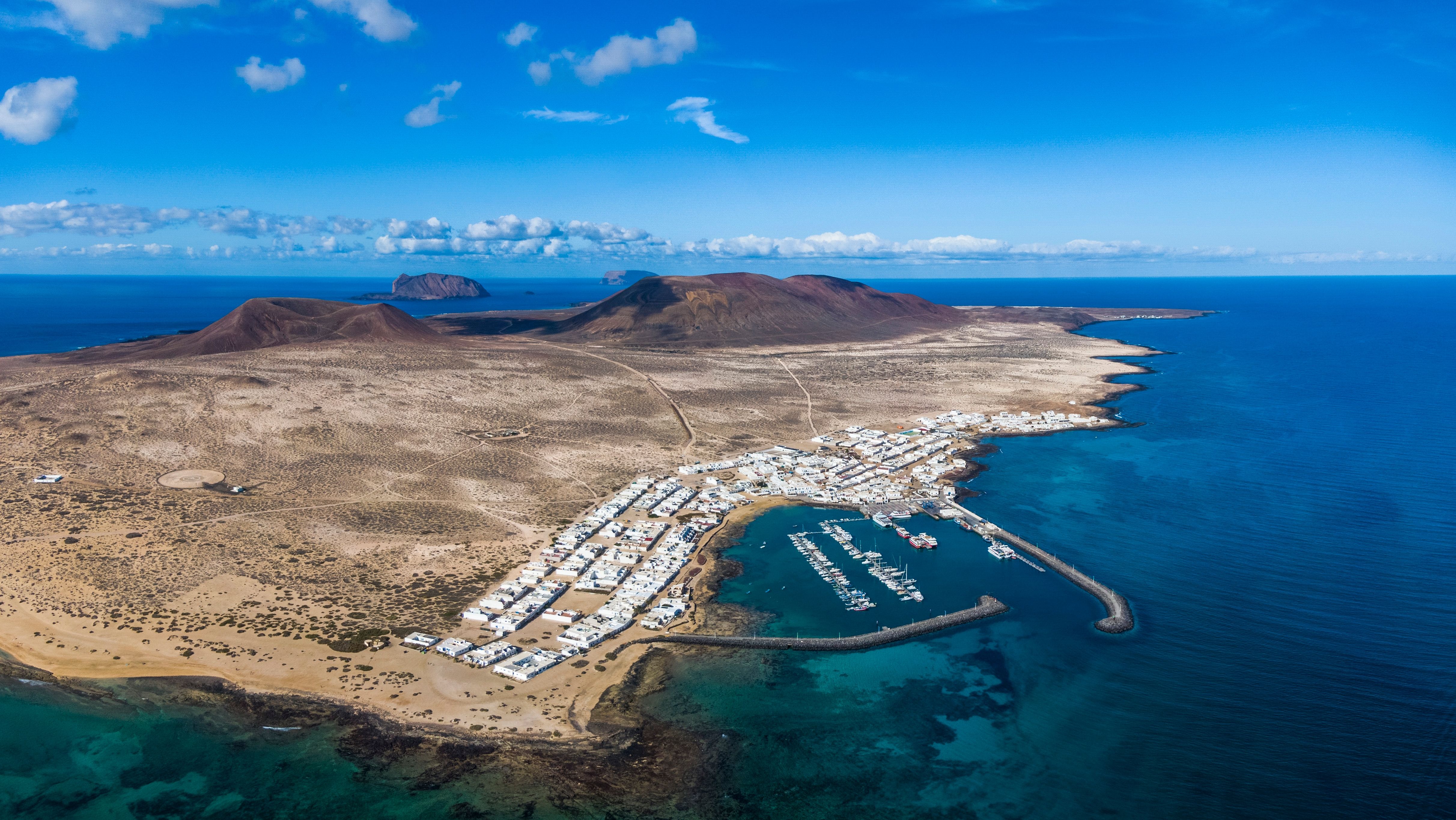 Aerial view of La Graciosa Island near the north shore of Lanzarote, Spain