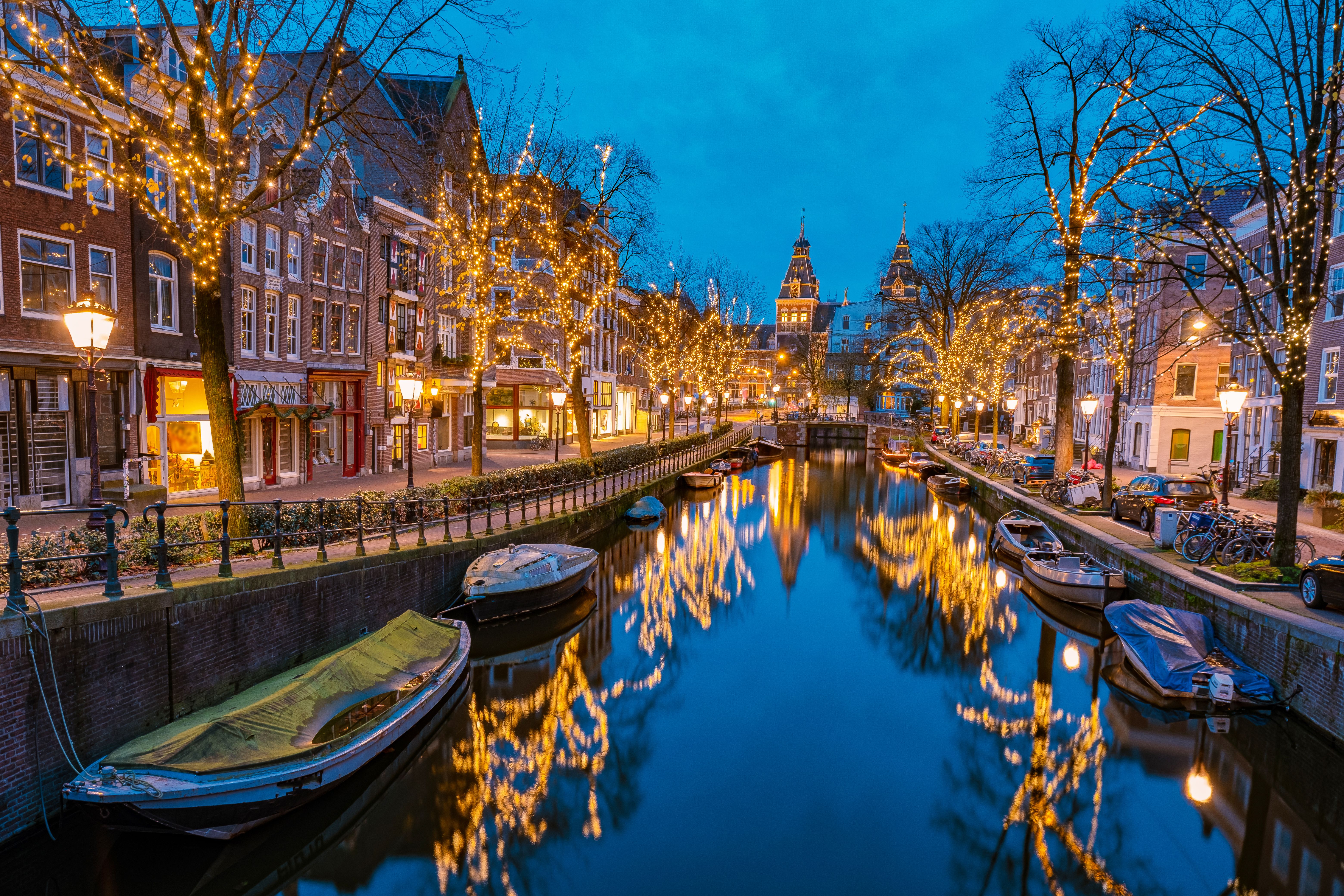 Amsterdam canals with Christmas lights during December