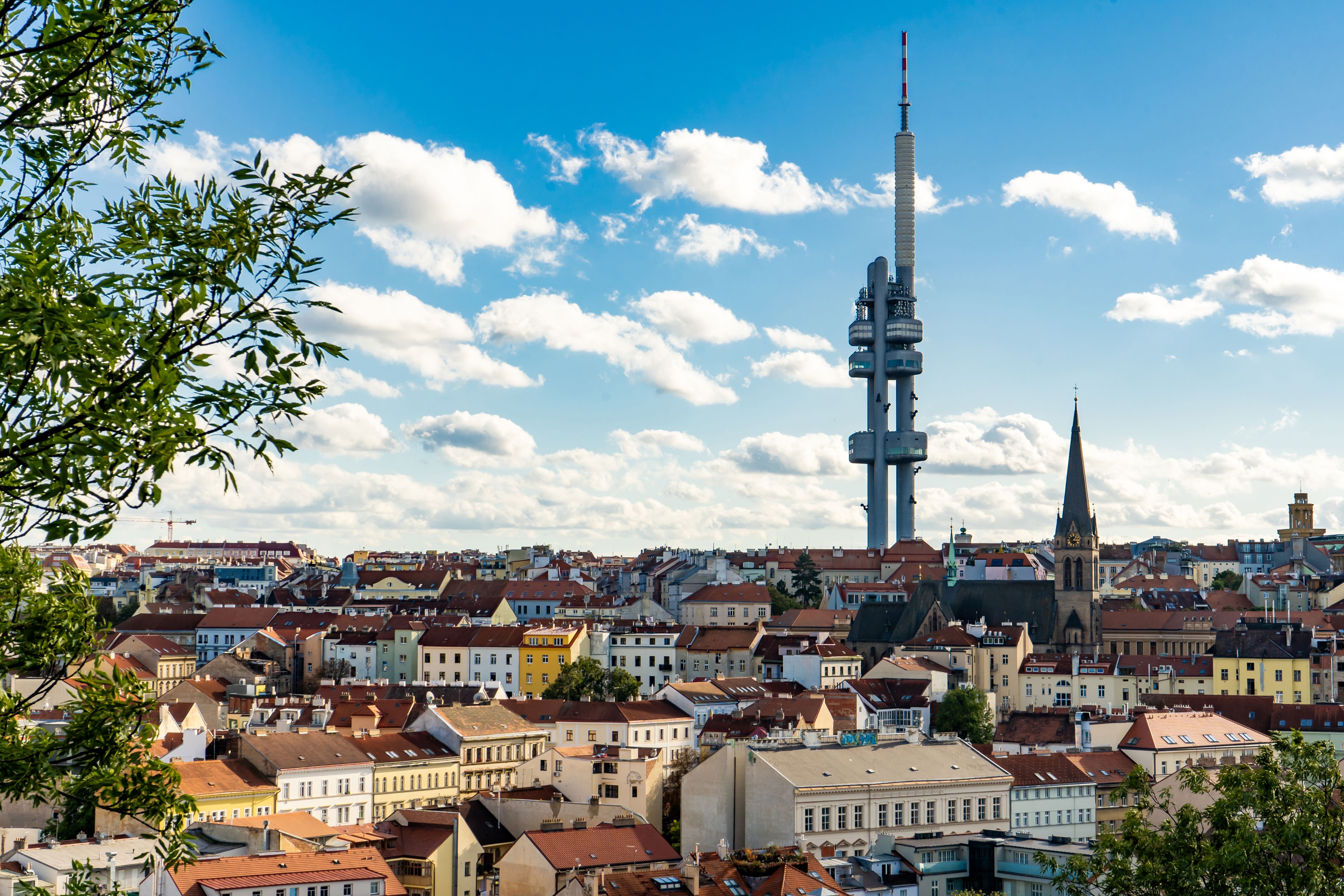 Aerial view of Zizkov district, with Television Tower transmitter in Prague