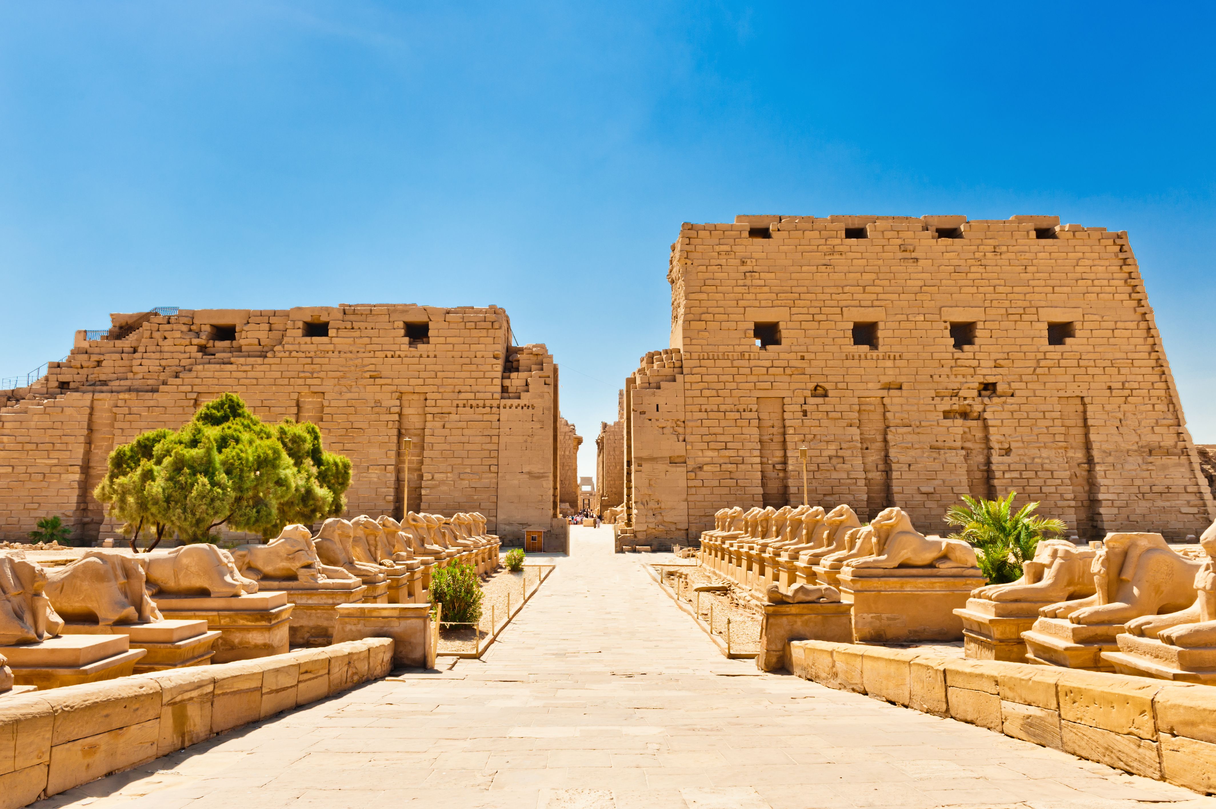 An avenue of ram-headed sphinxes leading to Karnak Temple in Luxor, Egypt