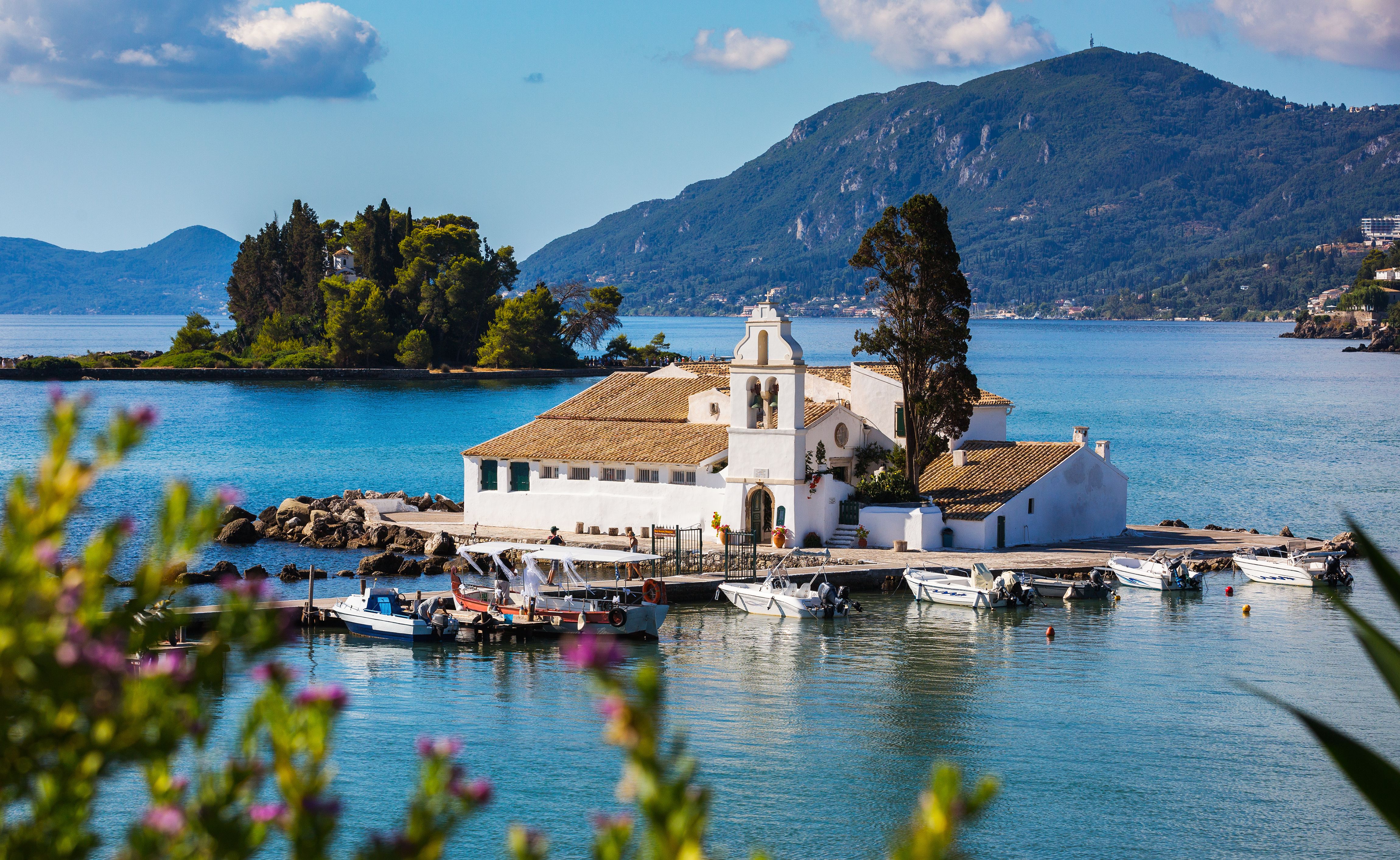 View of the island church of Vlacherna in Corfu
