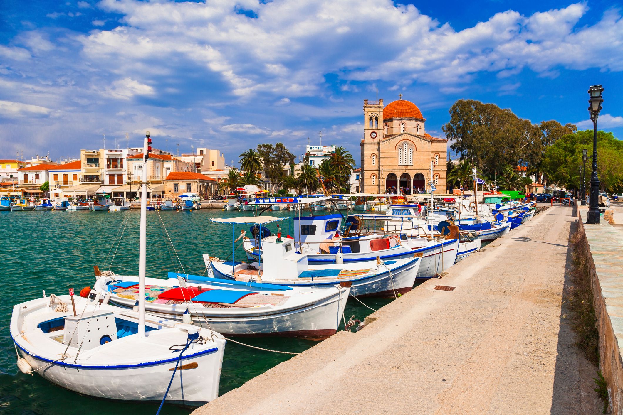 Traditional fishing boats in the port of Aegina in Greece