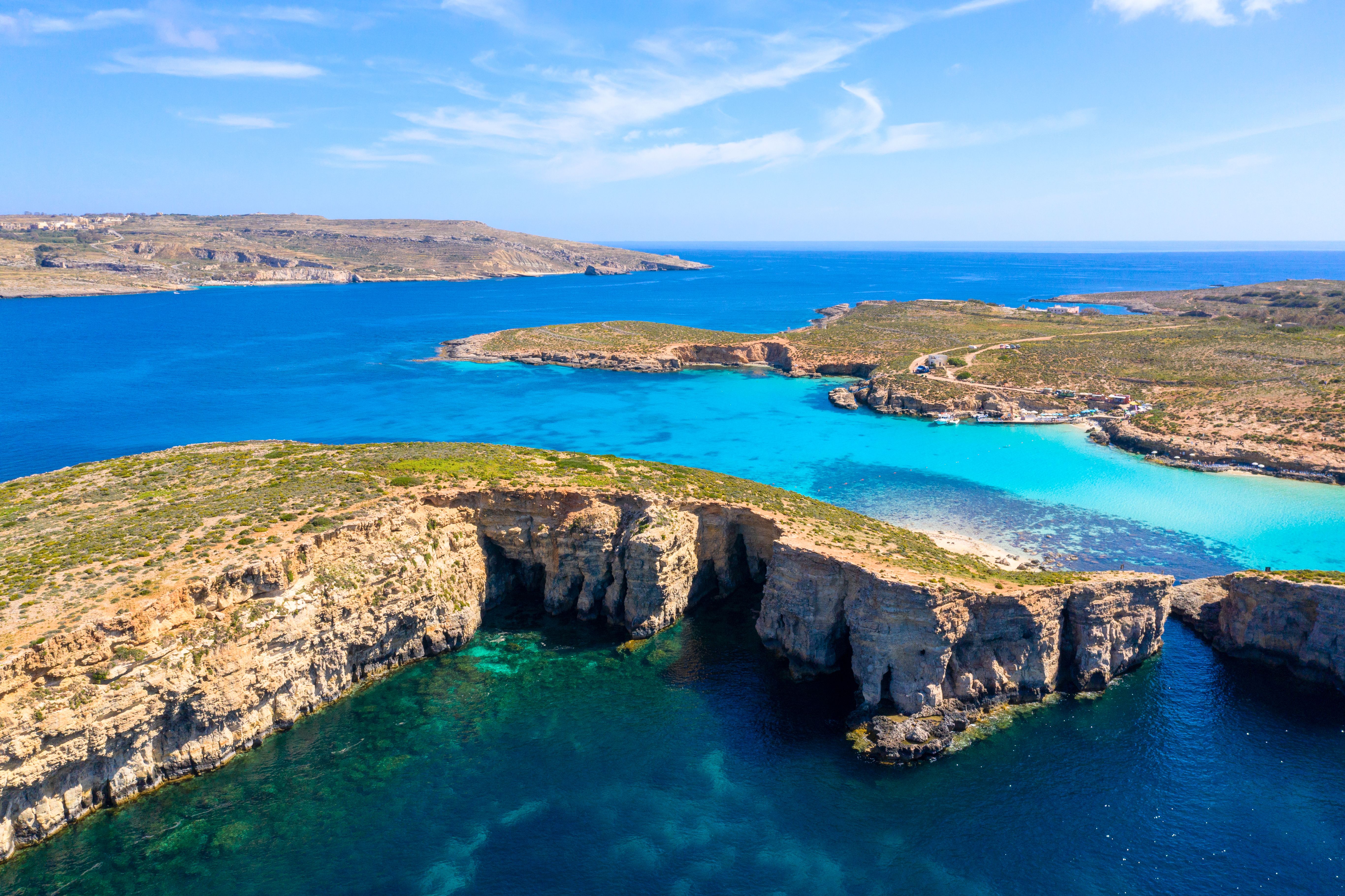 An aerial view of the Blue lagoon in Comino, Malta